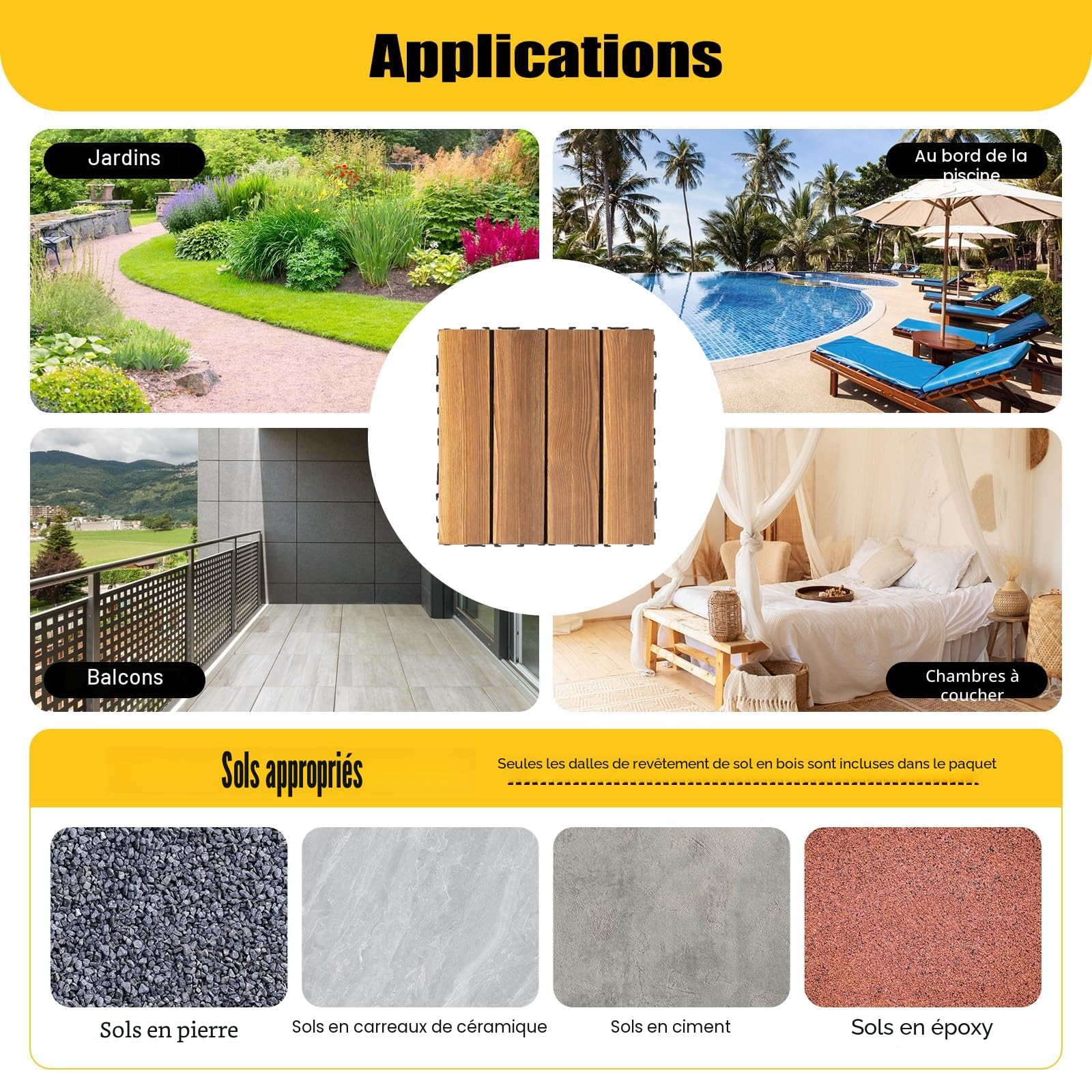 Lot de 36 dalles de terrasse en bois d'acacia, mosaïque, bois d'acacia, dalles durables, pour terrasse, jardin, marron 30 x 30 cm