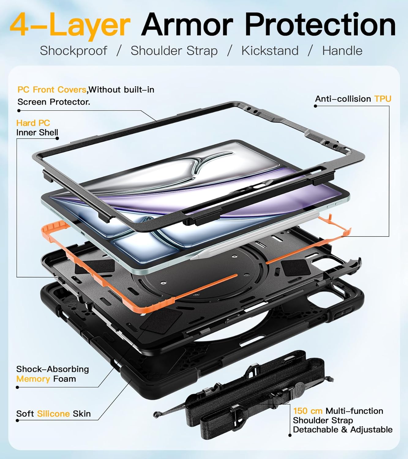 BRAECN for iPad Air 13 Inch Case M3 2025/ M2 2024, Rugged iPad Pro 12.9 Inch 6th/5th/4th/3rd Generation Cover w/Kickstand/Swivel Handle Grip/Shoulder Strap/Wireless Apple Pencil Charging Holder, Black - Image 6