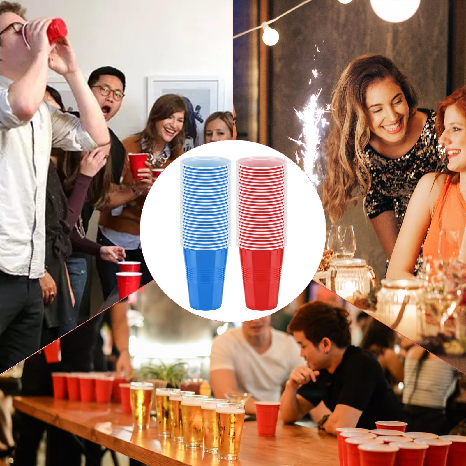 Set Beer Pong 50 Gobelets 500 Ml + 12 Balles – Rouge/bleu – Réutilisable Pour Fêtes, Camping, Anniversaires