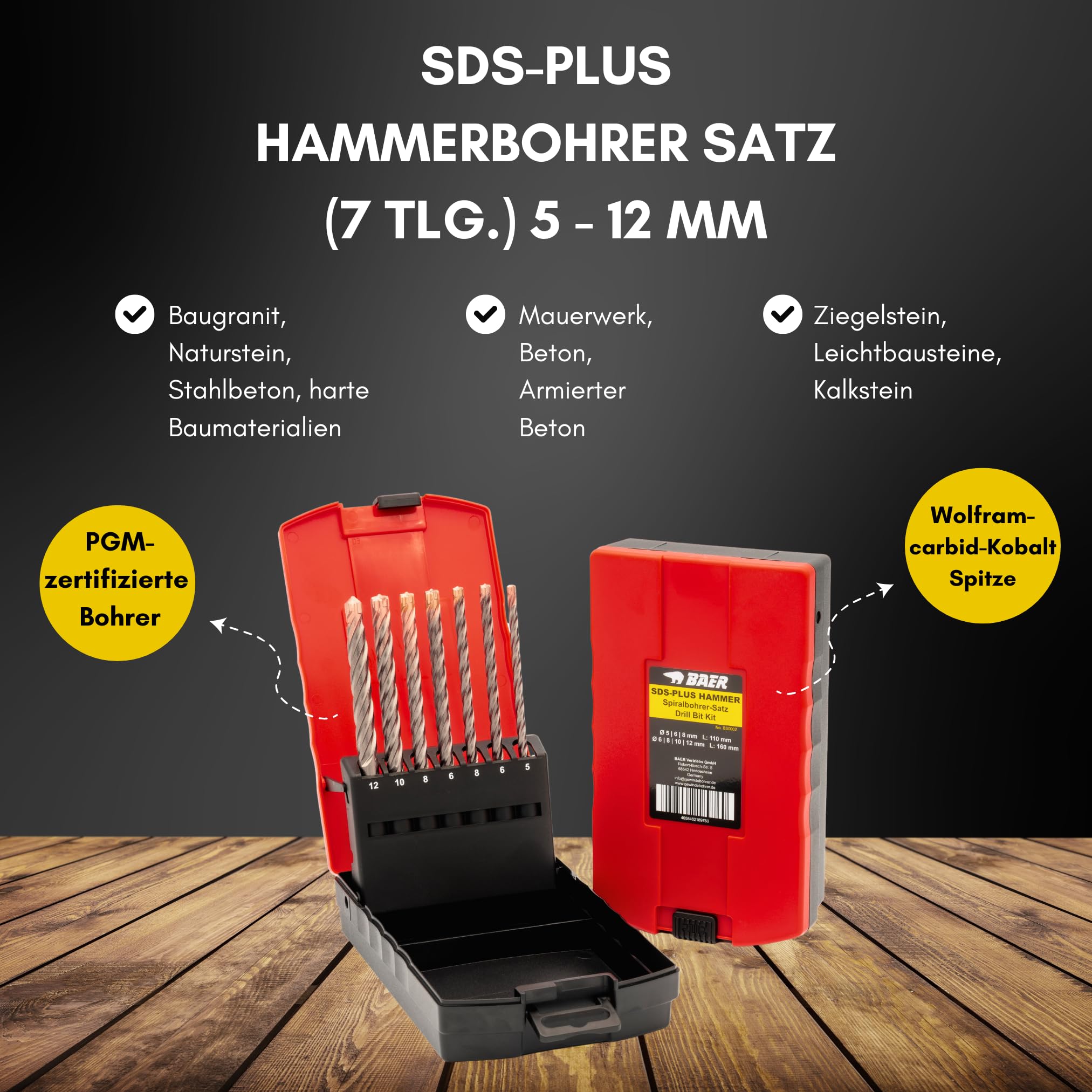 BAER Steinbohrer Set SDS-Plus (7 tlg.) 5-12mm - Hammerbohrer Set - Betonbohrerset - Betonbohrer lang - PGM-zertifizierte Bohrer - Granitbohrer