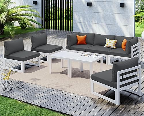 Miniatura 533 de NICESOUL 7 Piece White Powder-Coated Aluminum Patio Furniture with Fire Pit Table, 29 Inch Extra Wide Outdoor Sectional Sofa for 6, High-End Heavy