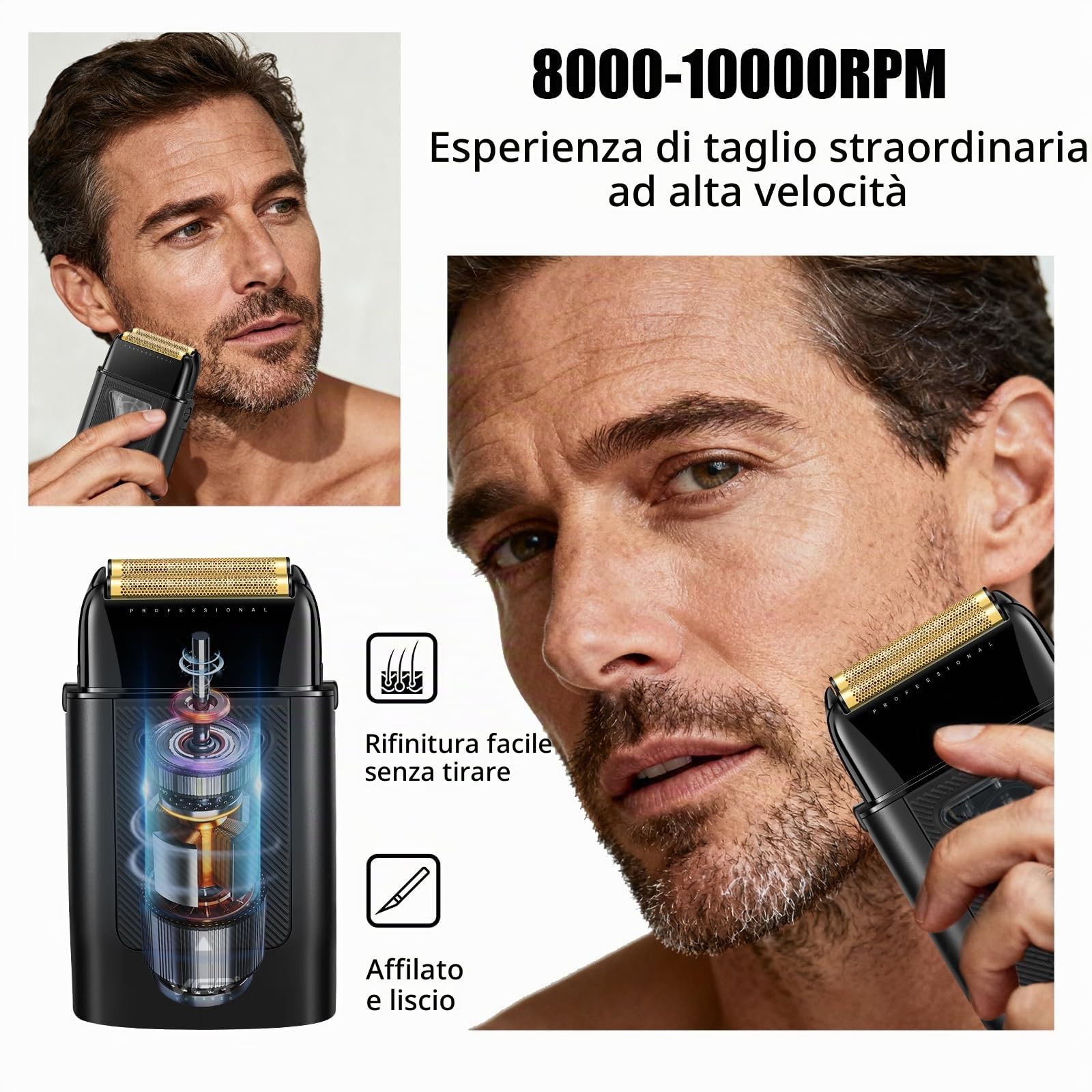 VGR 334 Rasoio Elettrico Barba Professionale Per Uomo Elettrico, Foil Shaver Barba Con Motore Vettoriale da 10000 Giri/Min, Shaver Capelli con Base di Ricarica Wireless, Luci a LED e Borsa da Viaggio