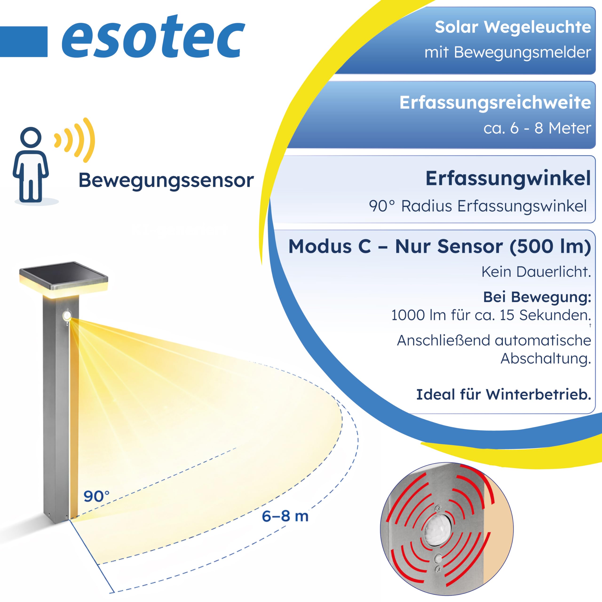 esotec Solar Standleuchte mit Bewegungsmelder Balou CCT, H=84cm Außenleuchte, 3 Lichtfarben, wechselbarer LiFePO4 Akku 102934