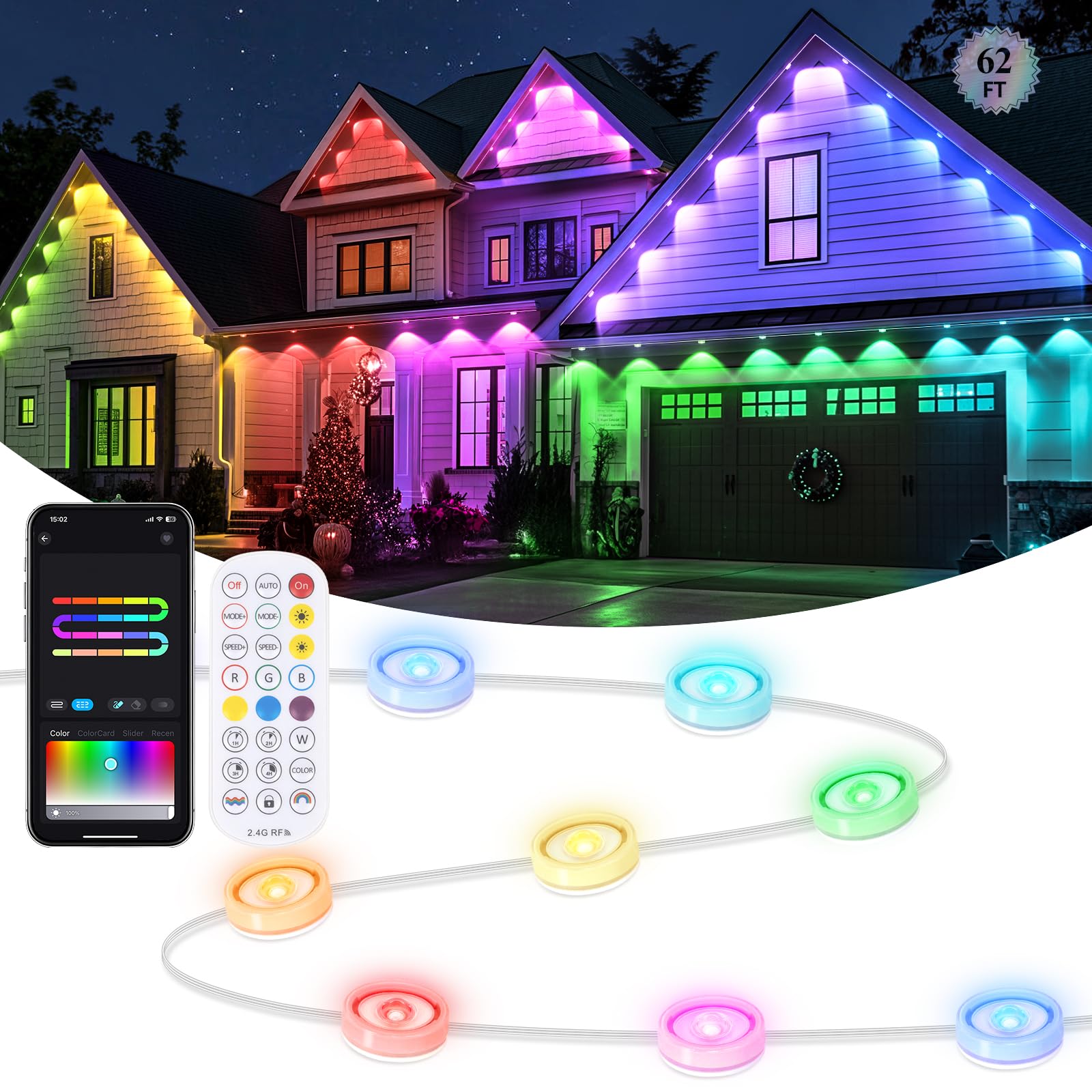 Photo 1 of Brightever Permanent Outdoor Lights, 62FT Smart RGBIC Outdoor Light with 90 Scene Modes & 25 LED Eaves Lights, IP65 Waterproof Permanent Christmas Light for Daily/Holiday Decor, APP/Remote Control