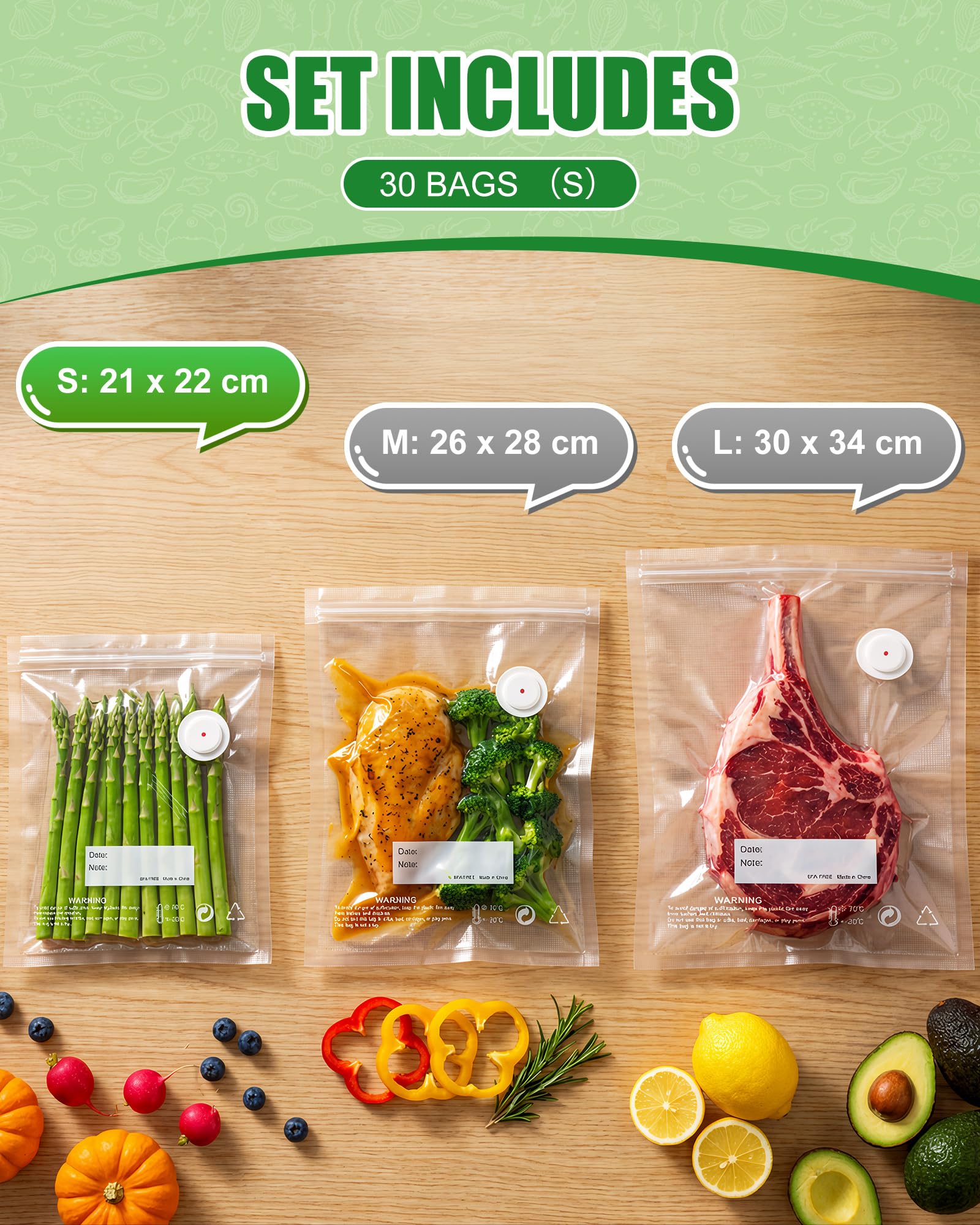 Babacom Macchina Sottovuoto Alimenti Portatile + 30 Pezzi (S:21x22cm) Sacchetti Sottovuoto Alimenti Riutilizzabili, Senza BPA, per Congelatore/Cottura Sous Vide/Conservazione