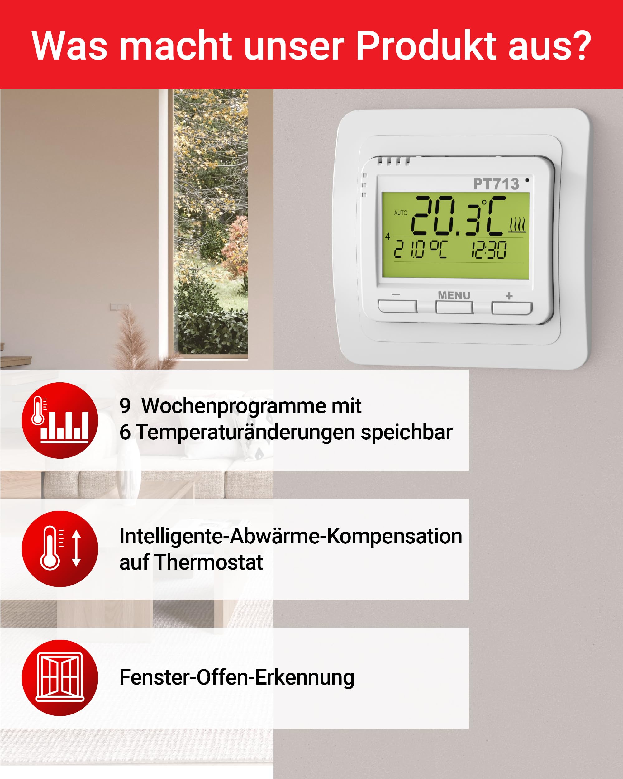 ELEKTROBOCK PT713-EI Digitaler Wandthermostat - 𝖵𝖤𝖱𝖡𝖱𝖠𝖴𝖢𝖧𝖲𝖡𝖤𝖱𝖤𝖢𝖧𝖭𝖴𝖭𝖦 - Programmierbar - LCD Display Beleuchtet - Externer Fühler inklusive - Elektrische Heizungen