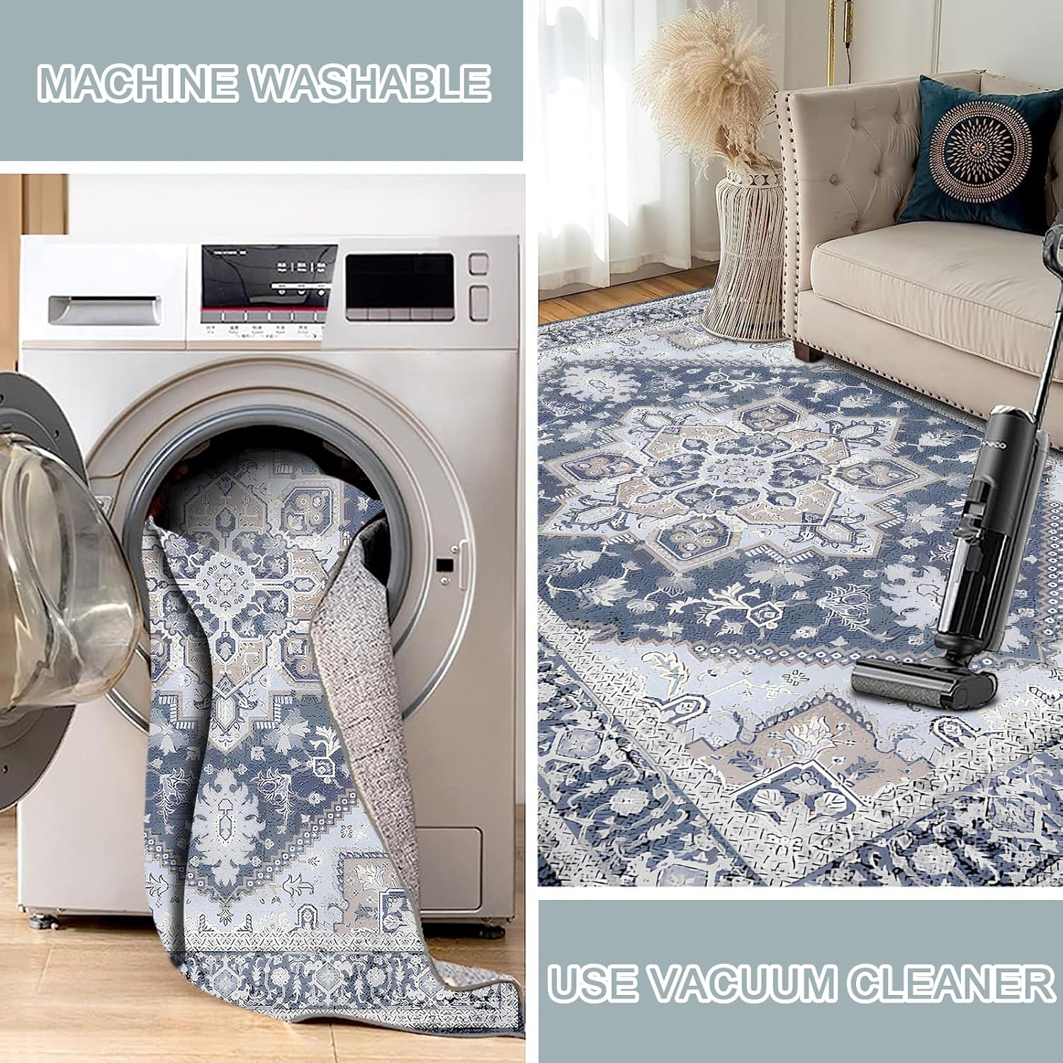 3x5 Abstract Area Rug for Living Room Bedroom Machine Washable Low-Pile Soft Rugs Vintage Indoor Soft Print Rug Indoor Door Mat for Door Entrance Foyer Living Room, Blue Grey