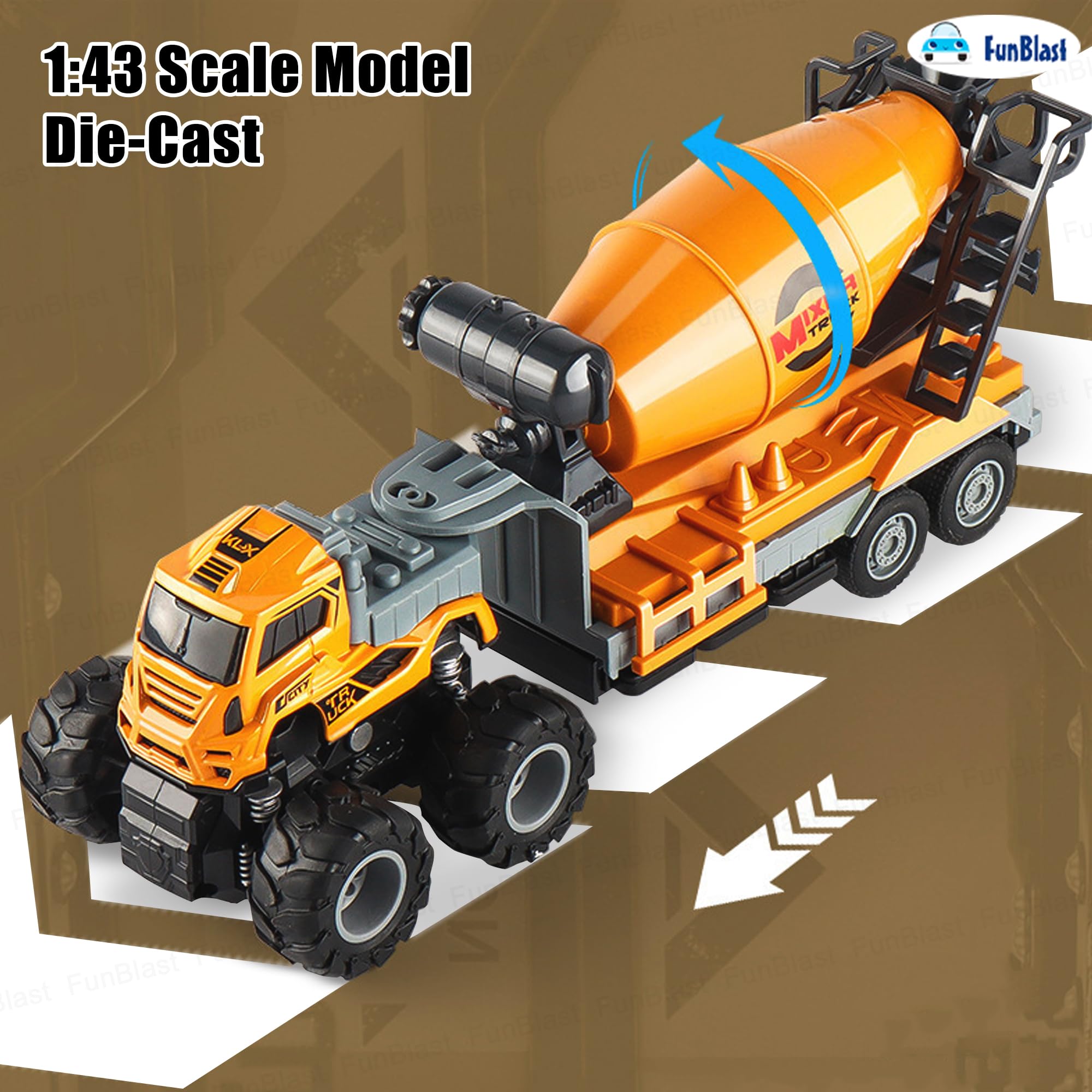 FunBlast Cement Mixer Truck Toy for Kids - 1:43 Scale Model Die-Cast 4 X 4 Drive Pull Back Friction Power Truck Toys, Pull Back Toy Vehicles Play Set for 3+ Years Boys, Girls 3