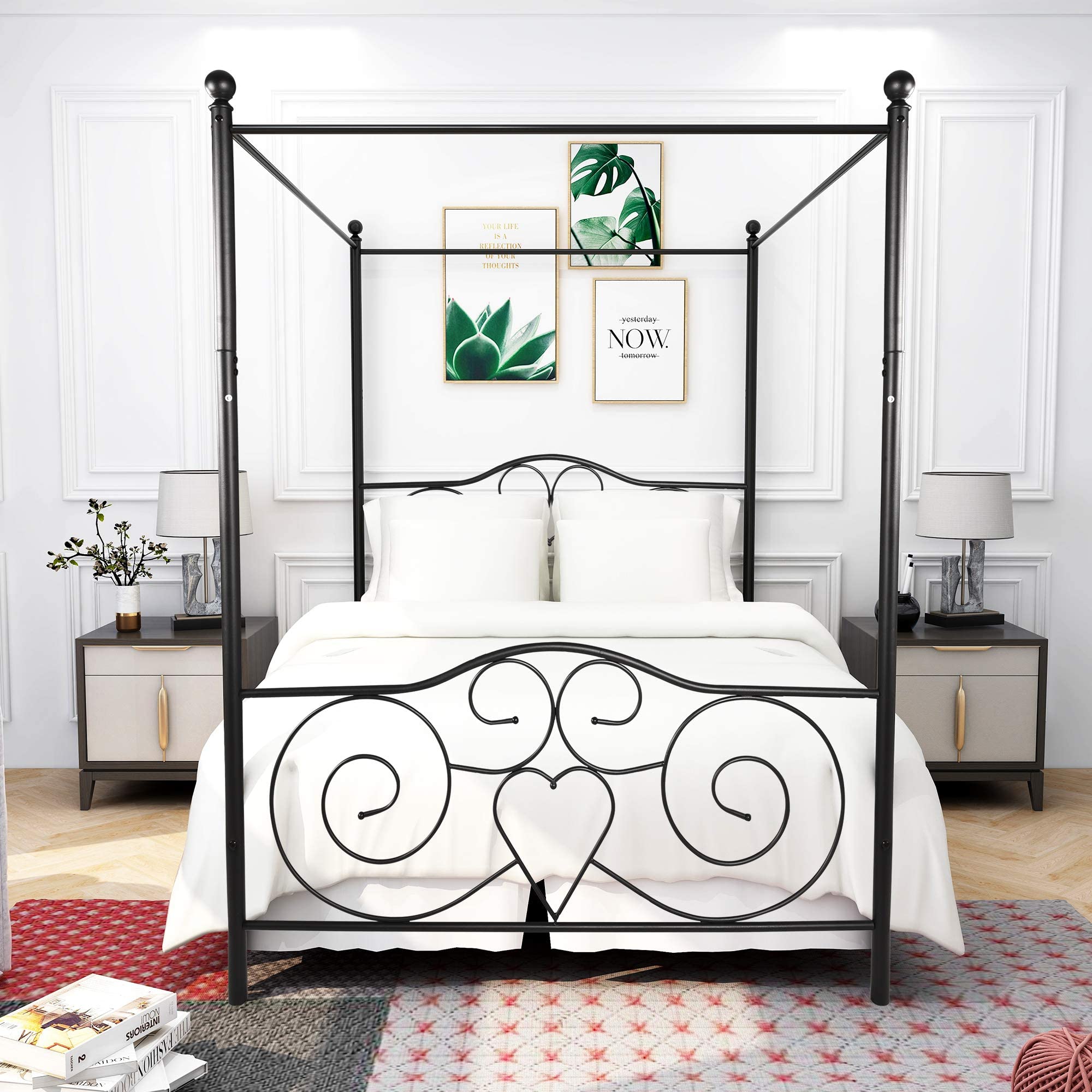 HAHRIR Double Canopy Bed Frame Platform,135x190cm Double Size Bed Frame with Vintage Headboard and Footboard, Heavy Duty Steel Slats and Support with Mattress Foundation,Black — image 1