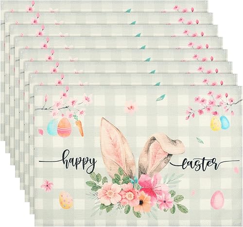 4 manteles individuales de Pascua con orejas de conejo huevos casa de campo lavables resistentes al calor manteles de mesa de Pascua para decoración