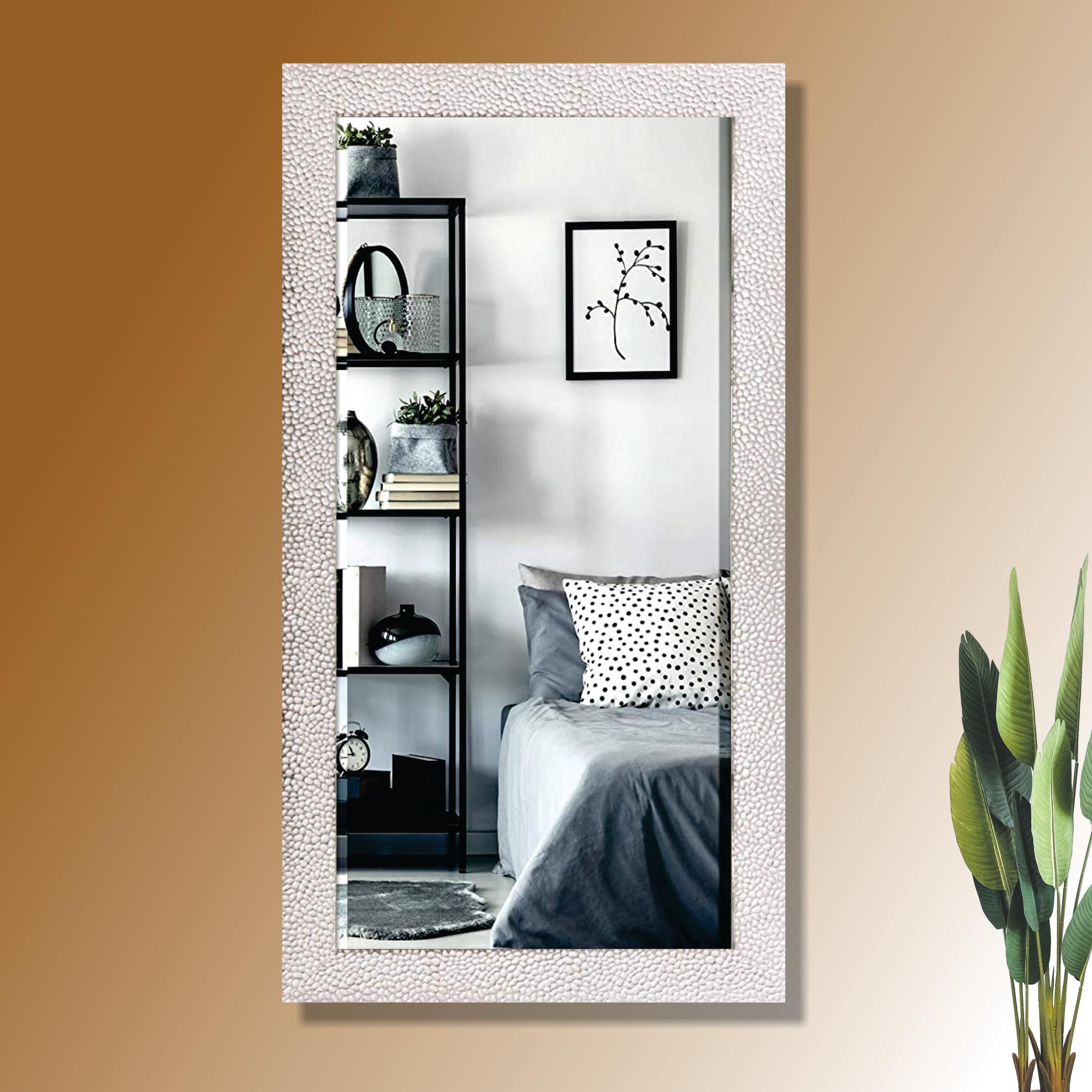Creative Arts n Frames Polystyrene Synthetic Wood Rectangular Wall Mount Mirror Home Decor Items (Silver White 15x27 inch)