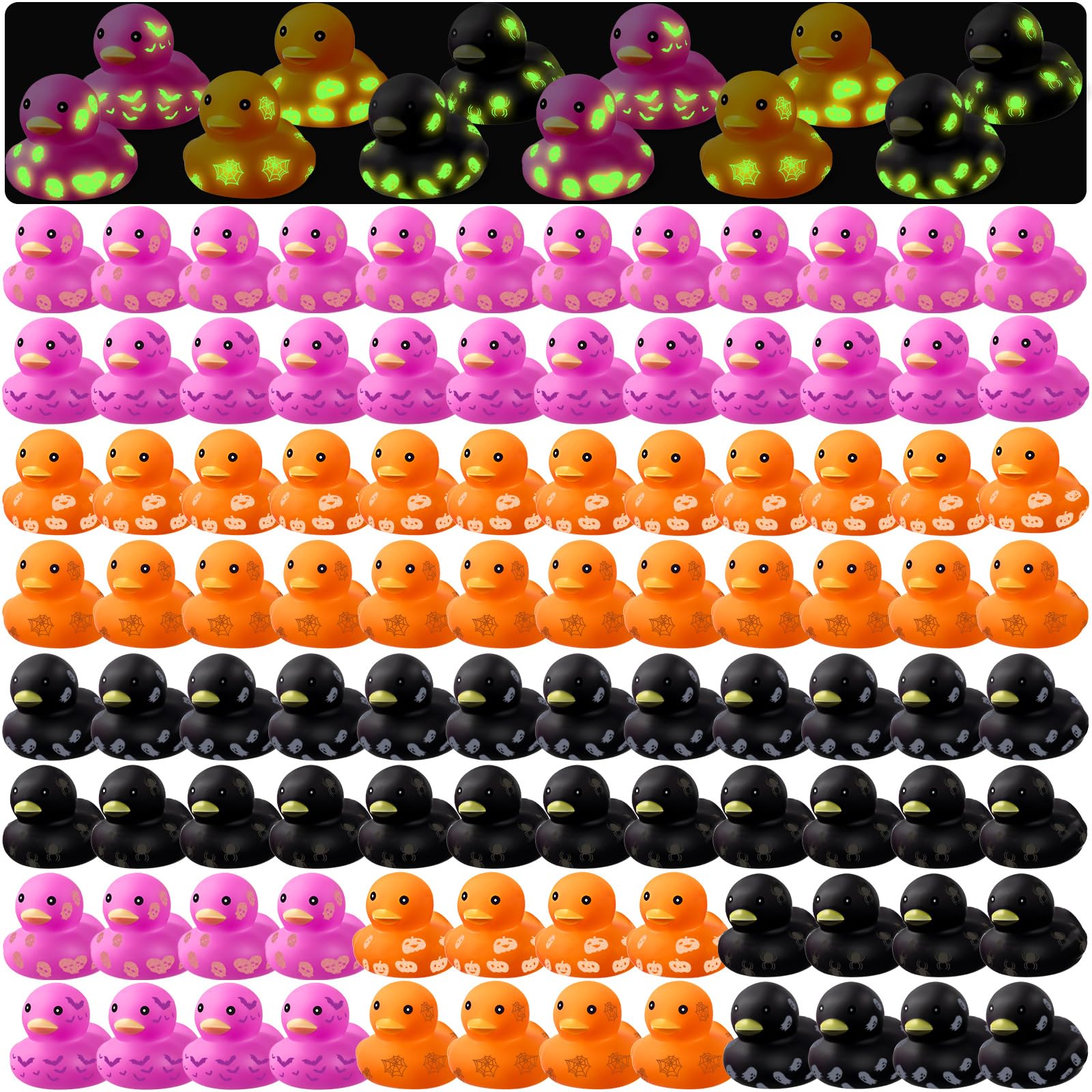 Jenaai Halloween Ducks 2.2 Inch Glow in The Dark Rubber Ducks Halloween Party Favors Light 6 Styles Ducks Skeletons Bats Pumpkin Spider Web Ghost Spider Designs for Halloween (48 Pcs, Bright Color)