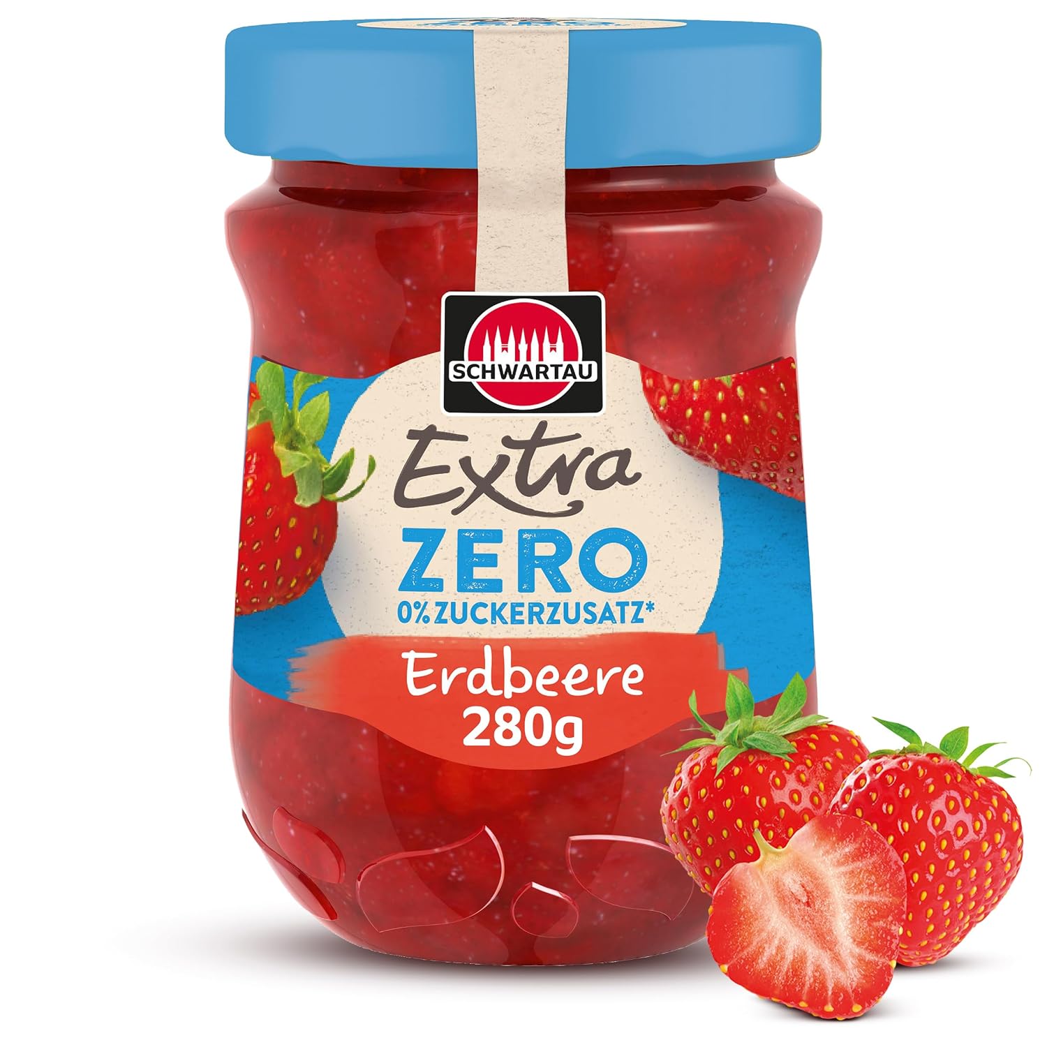 Schwartau Extra Zero Strawberry, Fruit Spread without added Sugar, 15 kcal per 25 g, 280 g | Jam with fine fruit pieces, for breakfast, yoghurt and cakes, for conscious moments of enjoyment, no additives