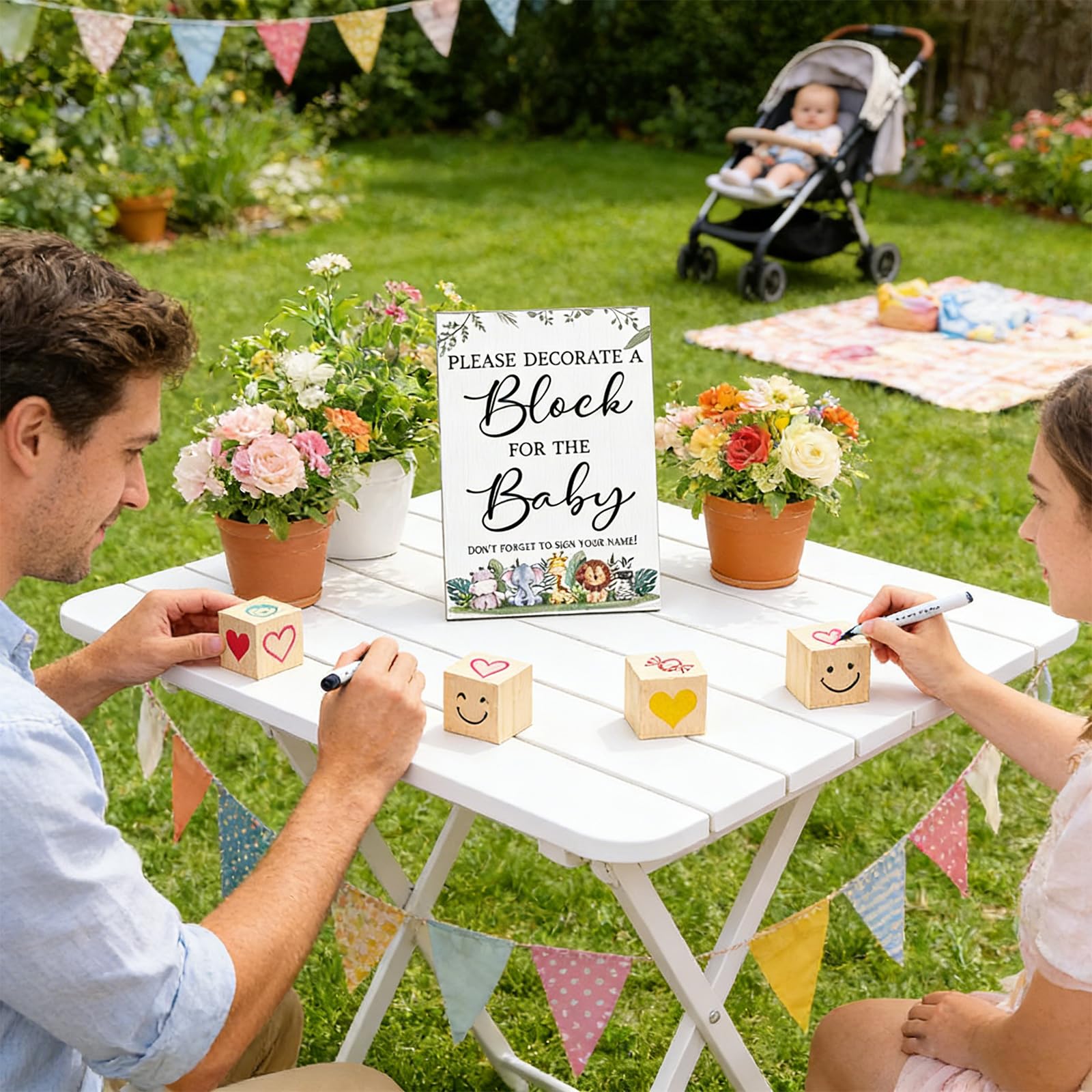 Kit de jeux pour baby shower, ensemble de 75 pièces comprenant 50 cubes en bois, 24 marqueurs, 1 panneau de jeu et des blocs à sculpter pour des activités manuelles (peinture, loisirs créatifs)