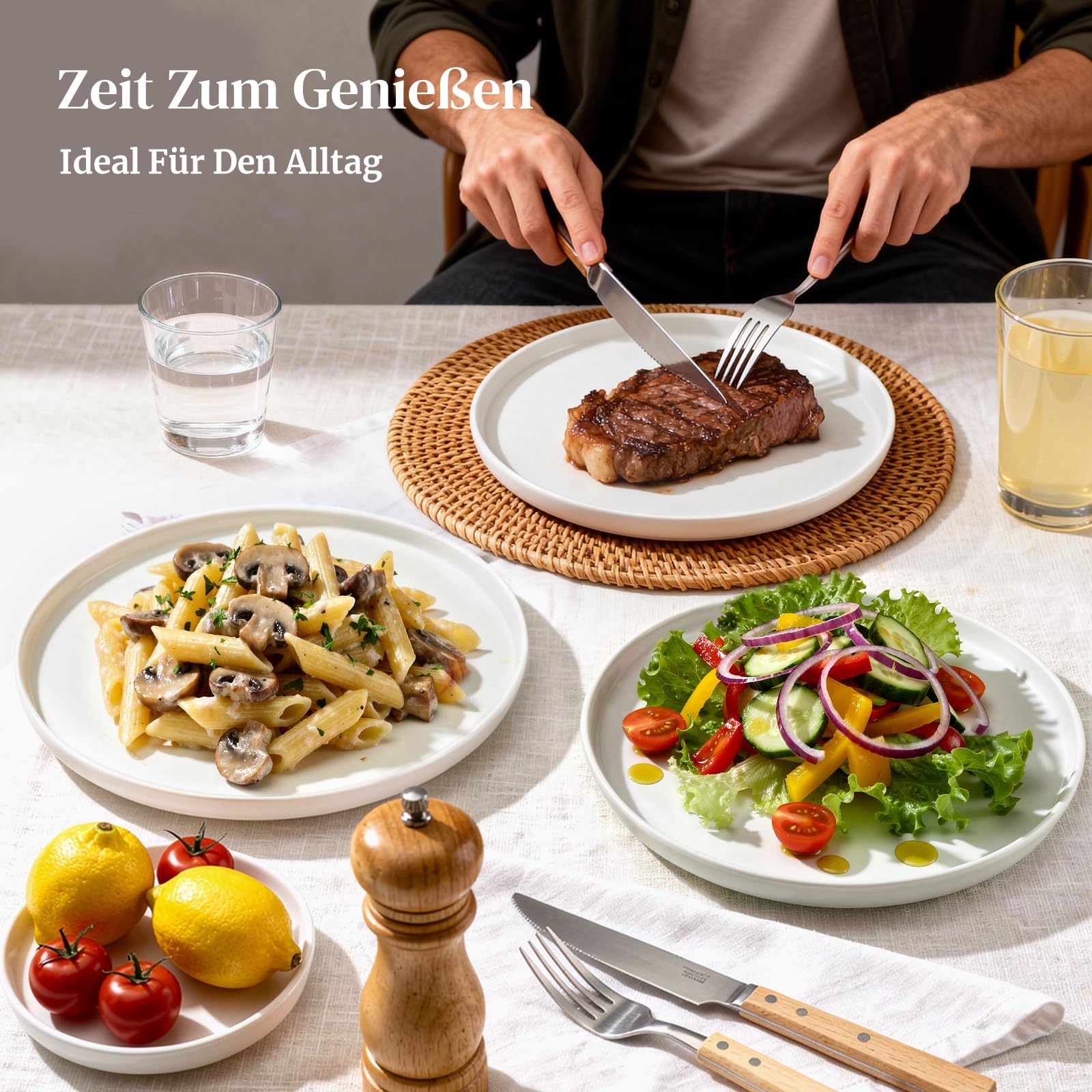DOWAN Speiseteller 6er Set 20,2 cm, Porzellan Kuchenteller Weiß, Dessertteller & Frühstücksteller, Stapelbar, Kratzfest, Spülmaschinen-, Mikrowellen- & Backofenfest