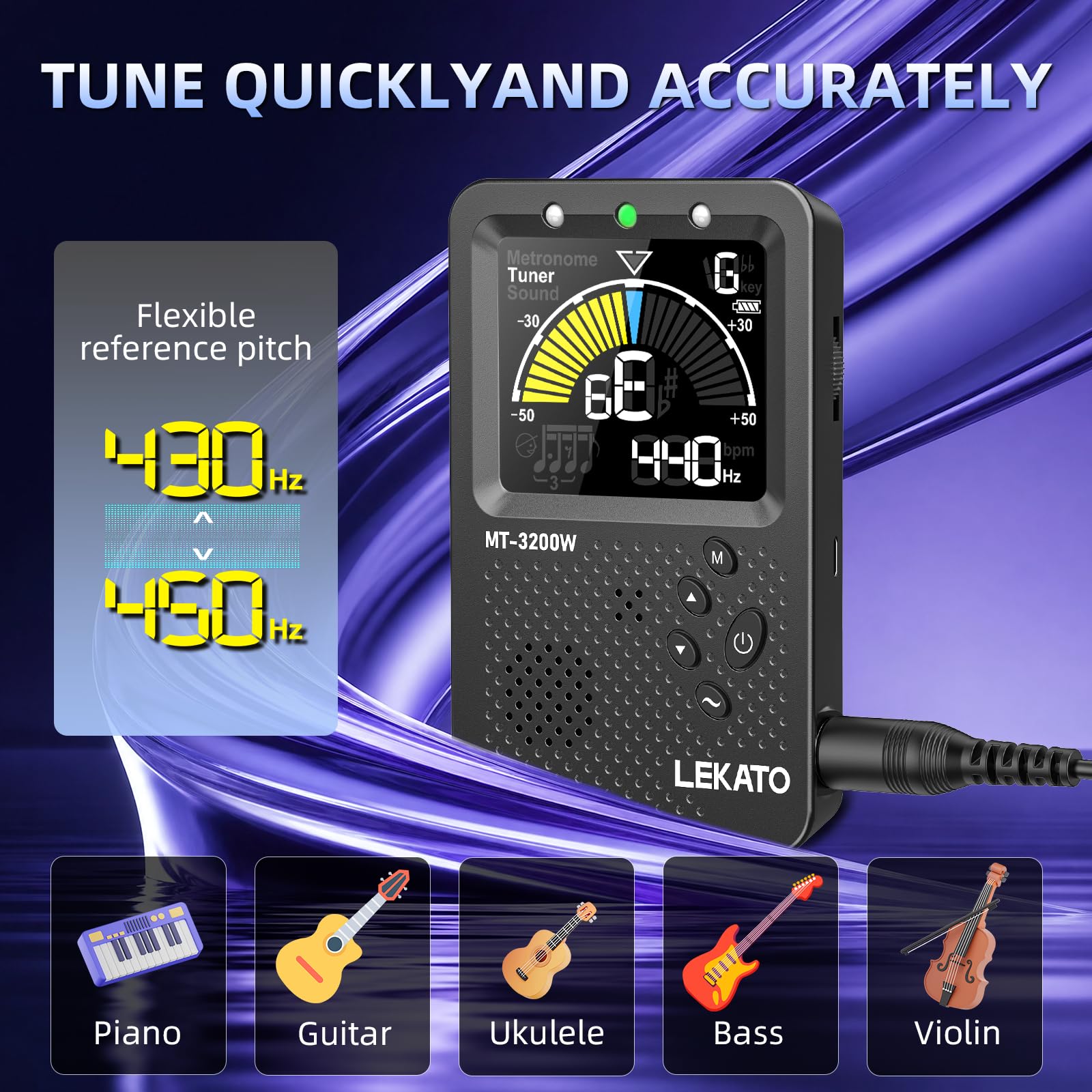 LEKATO Accordeur de métronome numérique rechargeable 3 en 1 avec battement de voix humaine pour tous les instruments - guitare, basse, violon, ukulélé accordeur chromatique multifonction (noir)
