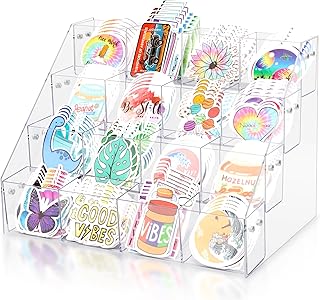 Sticker Display Stand for Vendors - 4 Tier 16 Pockets Acrylic Sticker Holder Display For 4'' Large Stickers, Sticker Organizer Shelf Ideal for Small Business Supplier Events and Trade Shows