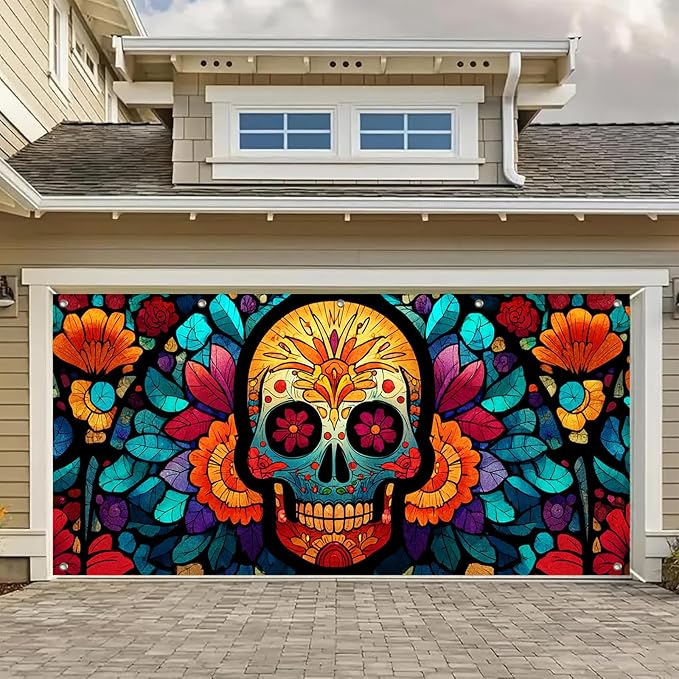 Halloween Colorful Sugar Skull Garage Door Banner 13x6ft Vibrant Floral Stained Glass Art Garage Door Backdrop Stunning Photo Prop Background for Festive Outdoor Decoration Party Supplies
