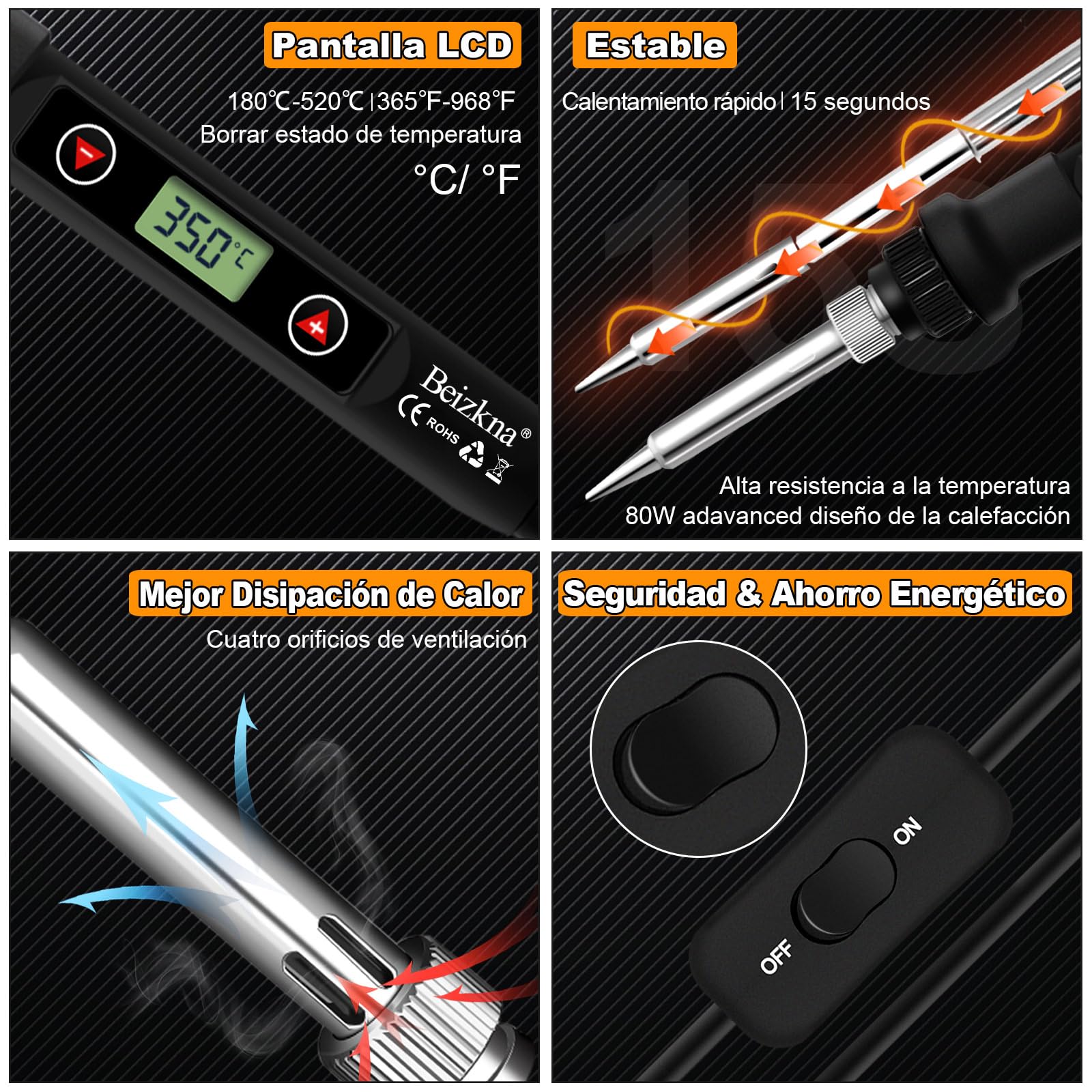 Beizkna Soldador de estaño 80W Kit 13 en 1 Soldador Profesional con Temperatura Ajustable 180℃-520℃, 5pcs Puntas, Bomba Desoldadora, Soporte, Pinzas Antiestáticas, Alambre de Soldadura