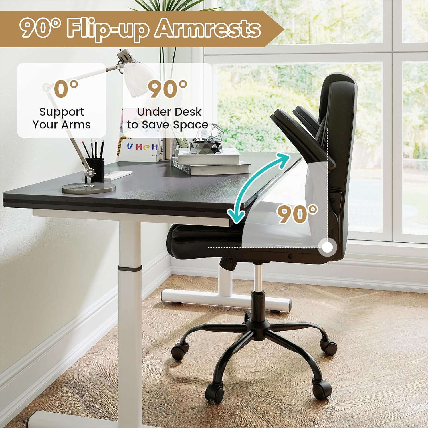 Giantex Leather Office Chair, Ergonomic Computer Desk Chair with Flip-up Arms, Rocking Function, Adjustable Height, Rolling Executive Gaming Chair with Wheels, Swivel Task Chair for Home Office, Black