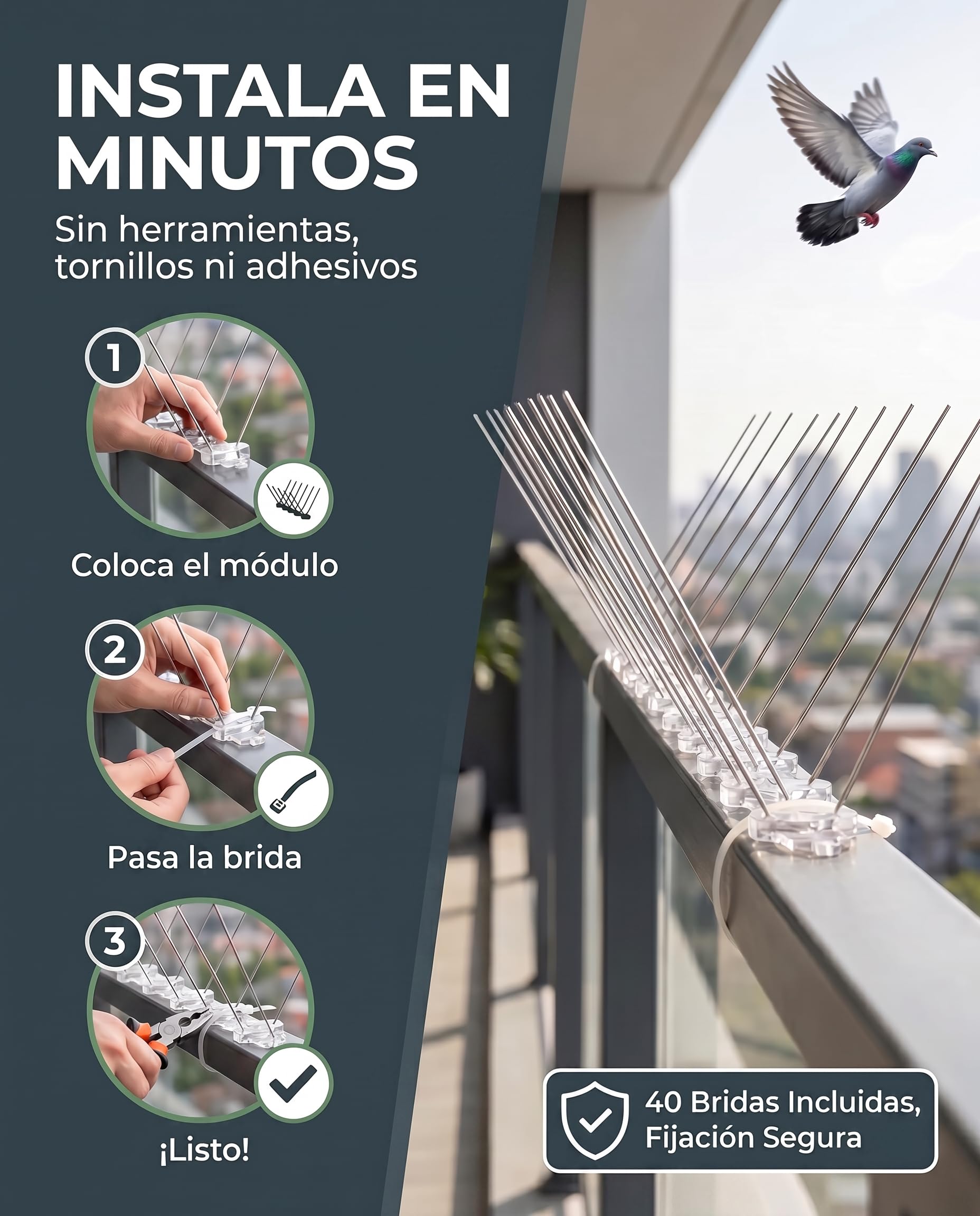 Pinchos Antipalomas - 5 m con 20 Módulos de 25 cm - Ahuyentador Palomas en Acero Inoxidable - Espanta Palomas con 40 Bridas - Antipalomas para Balcon, Tejado, Cornisa