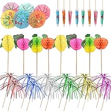 SAVITA 150pcs Tropical Cocktail Decorations Drinks Sticks Includes 50pcs Paper Umbrellas & 50pcs Foil Fireworks Sticks & 50pcs Fruit Picks for Drinks Fruit Juice Cupcake Summer Party Decoration
