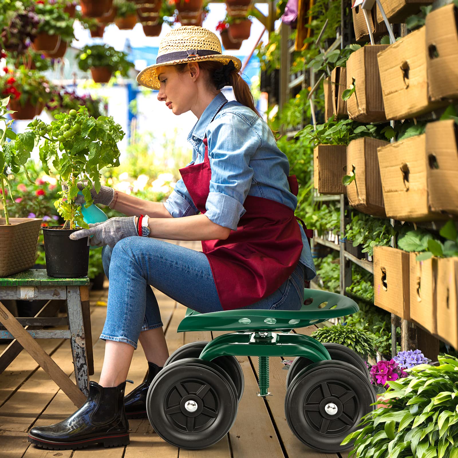 GOPLUS Asiento de Jardín con Ruedas, Taburete Móvil para Jardinería con Asiento Giratorio de 360° y Altura Ajustable 28-40 cm, Carrito para Trabajo en Jardín Patio Césped, hasta 150 kg