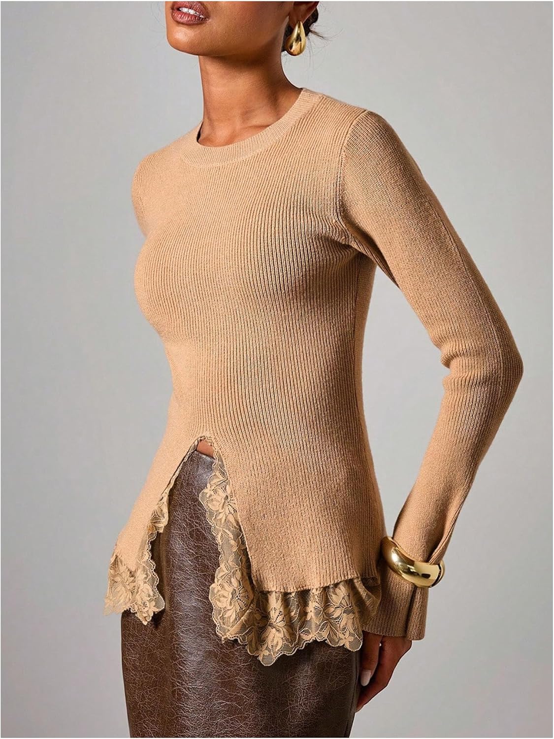 MakeMeChic Women's Bell Sleeve Floral Lace Trim Sweater Crew Neck Y2K Fitted Pullover Knit Top - Image 2