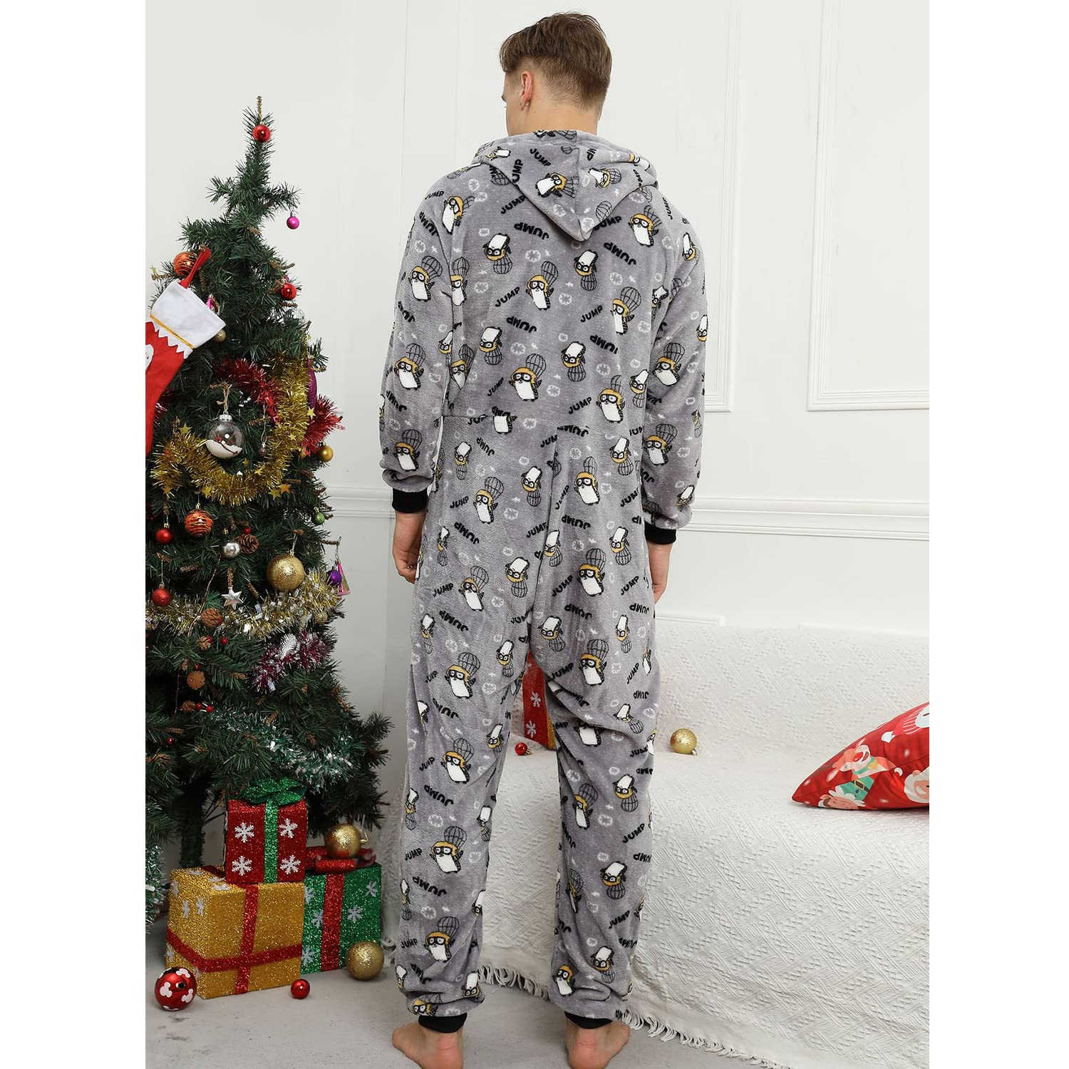 Pijama Navidad Una Pieza Hombre Franela Pijamas Mono Entero con Capucha Manga Larga Invierno Calentito Jumpsuit Adulto Onesie Ropa de Casa Dormir Paracaídas Pingüino Gris L
