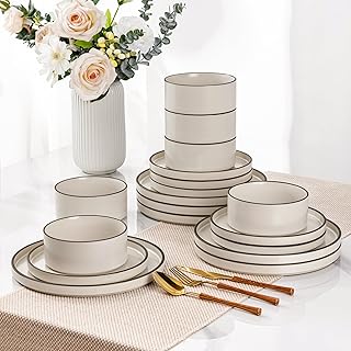 LeRatio Crockery Set for 6 People, 18-Piece Stoneware Crockery Set, Ceramic Scratch-Resistant Bowl and Plate Set (White Smoke/Black Rim, 18-Piece Set)