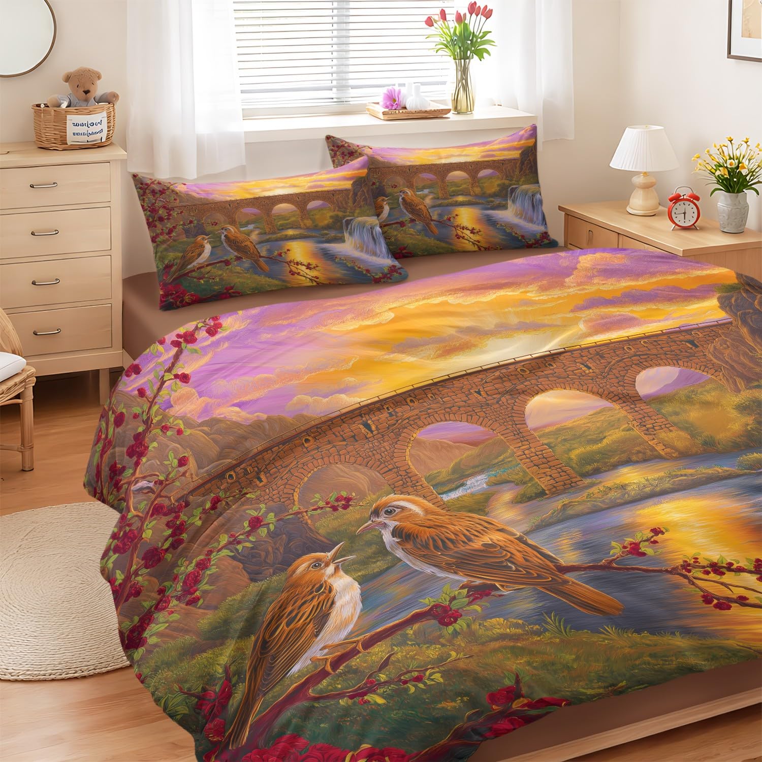 Housse de couette esthétique oiseau et paysage chaleureux 240 x 260 cm