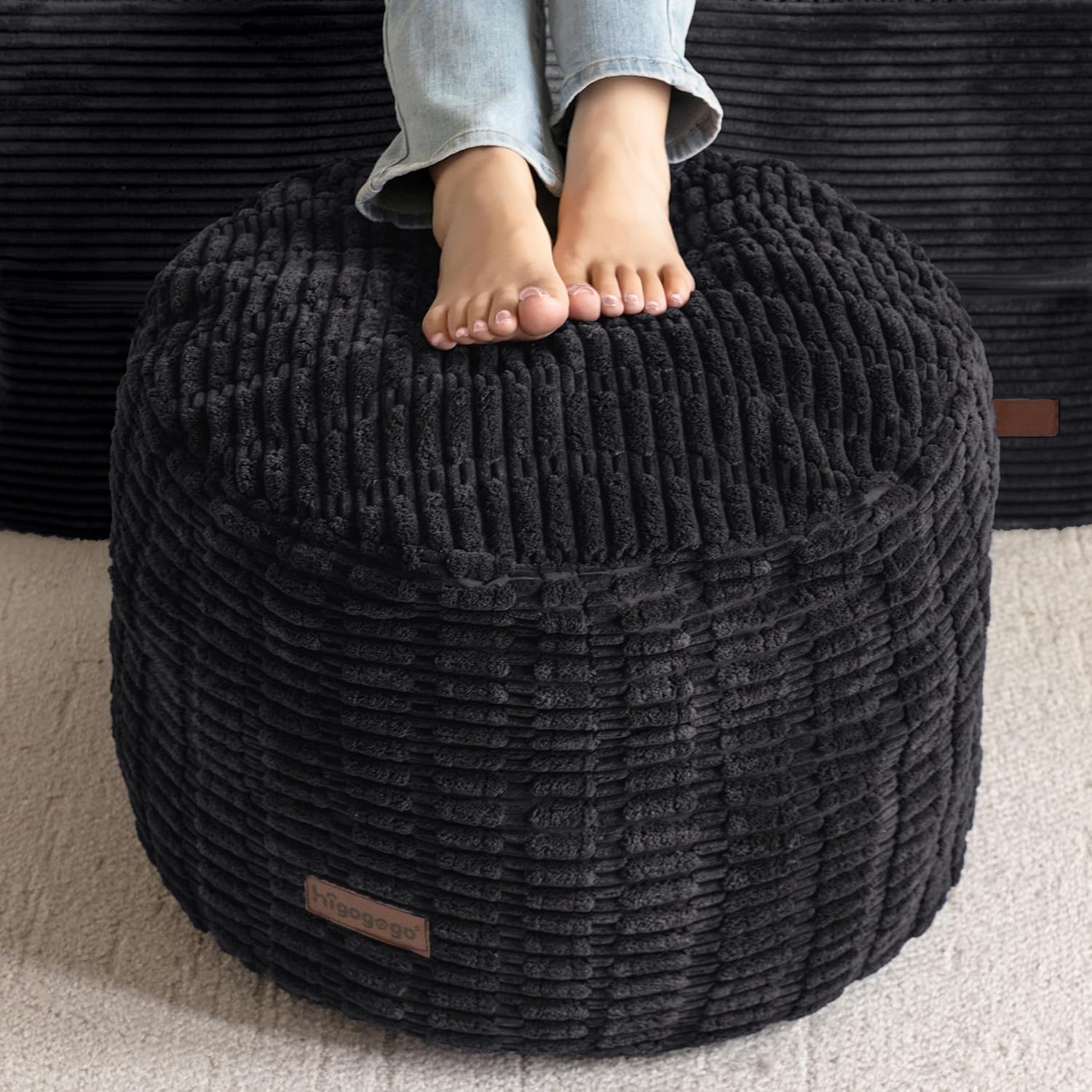 HIGOGOGO Pouf Ottoman Stuffed Round Modern Foam Filled Foot Rest Poufs for Living Room Chair Decorative 20 X 15 Inches Boho Relax Stool for Wedding Christmas Party, Black Black 20 Inch