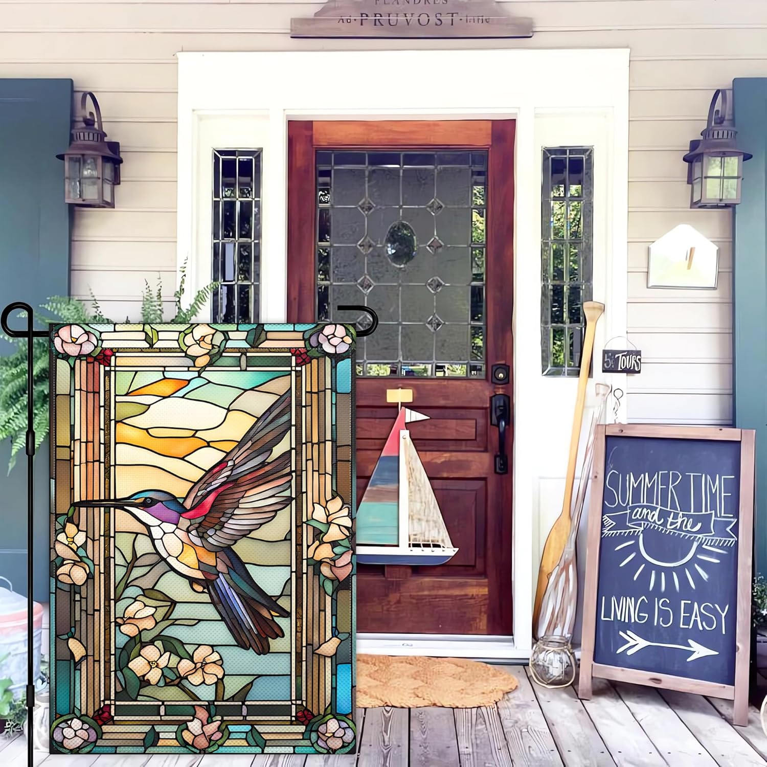 Hummingbird Garden Flag 12×18 Inch Spring Summer Flowers Garden Flag 3Ply Polyester Double Sided Retro Glass Style Garden Flags for House Outdoor Indoor Yard Outside Garden Decor - Image 3