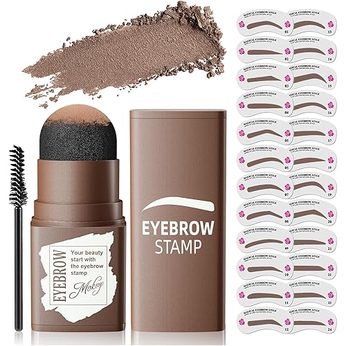 Eyebrow Stamp Stencil Kit - 1 Step Brow Stamp Kit Long-lasting Waterproof & Smudge-Proof, Eyebrow Powder with 24 Reusable Eyebrow Stencils Kit for Beginners to Nature Brow (Medium Brown)