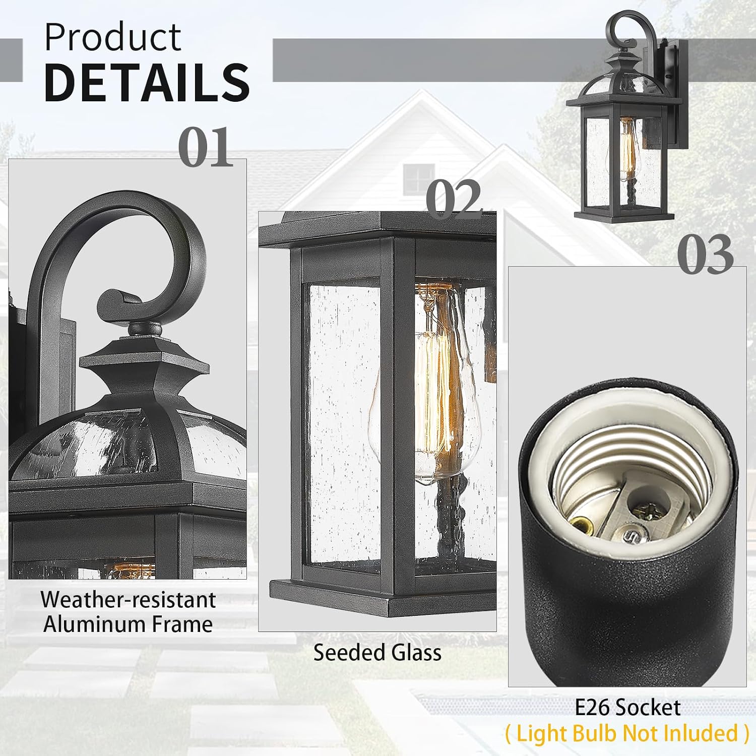 Darkaway Dusk to Dawn Outdoor Lights Fixture Wall Mount, Exterior Wall Light with Seeded Glass Waterproof Black Outside Wall Sconce for House Porch Hallway Garage image 5