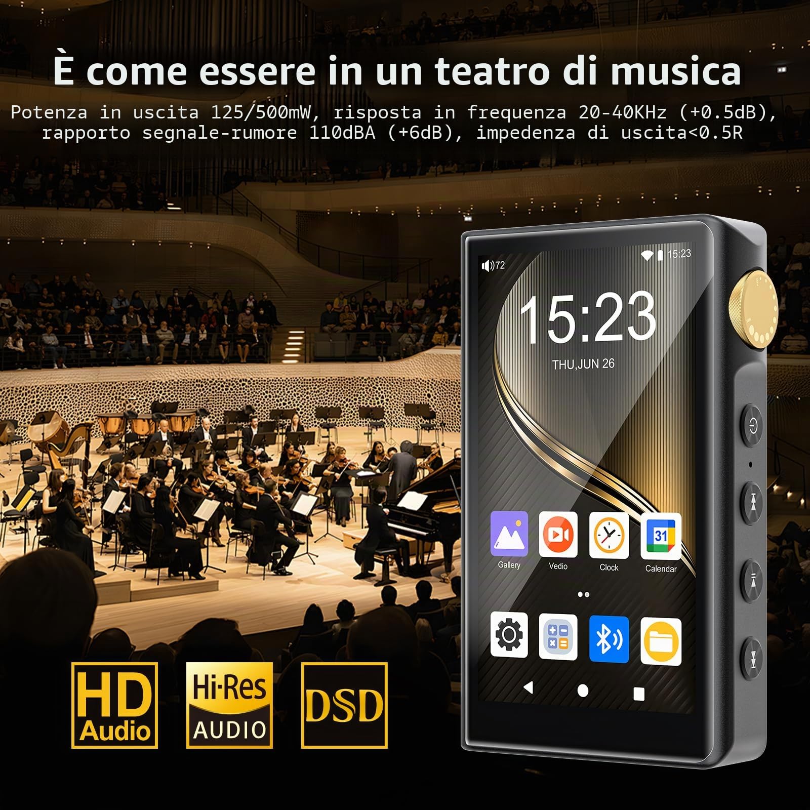 Lettore MP3 Hi-Fi con Bluetooth e WiFi, lettore musicale ad alta risoluzione ZAQE Android 12, DAC DSD senza perdita di dati Flac, Dotato di una scheda di memoria da 64 GB, supporta fino a 512 GB