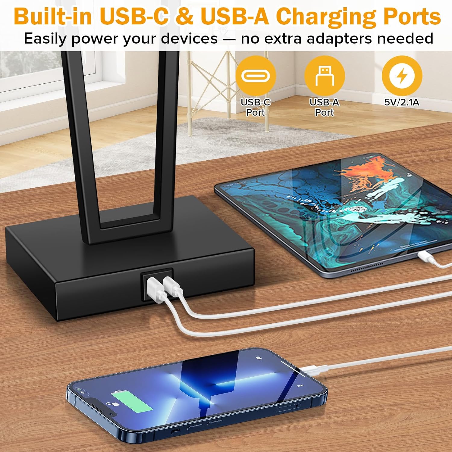 Hotel Style Modern Bedside Lamps Set of 2,Touch Control &3-Way Dimmable,Black Geometric Table Lamps with USB-C & USB-A Charging Ports for Bedroom,Nightstands,Living Room (2 Bulbs Included)