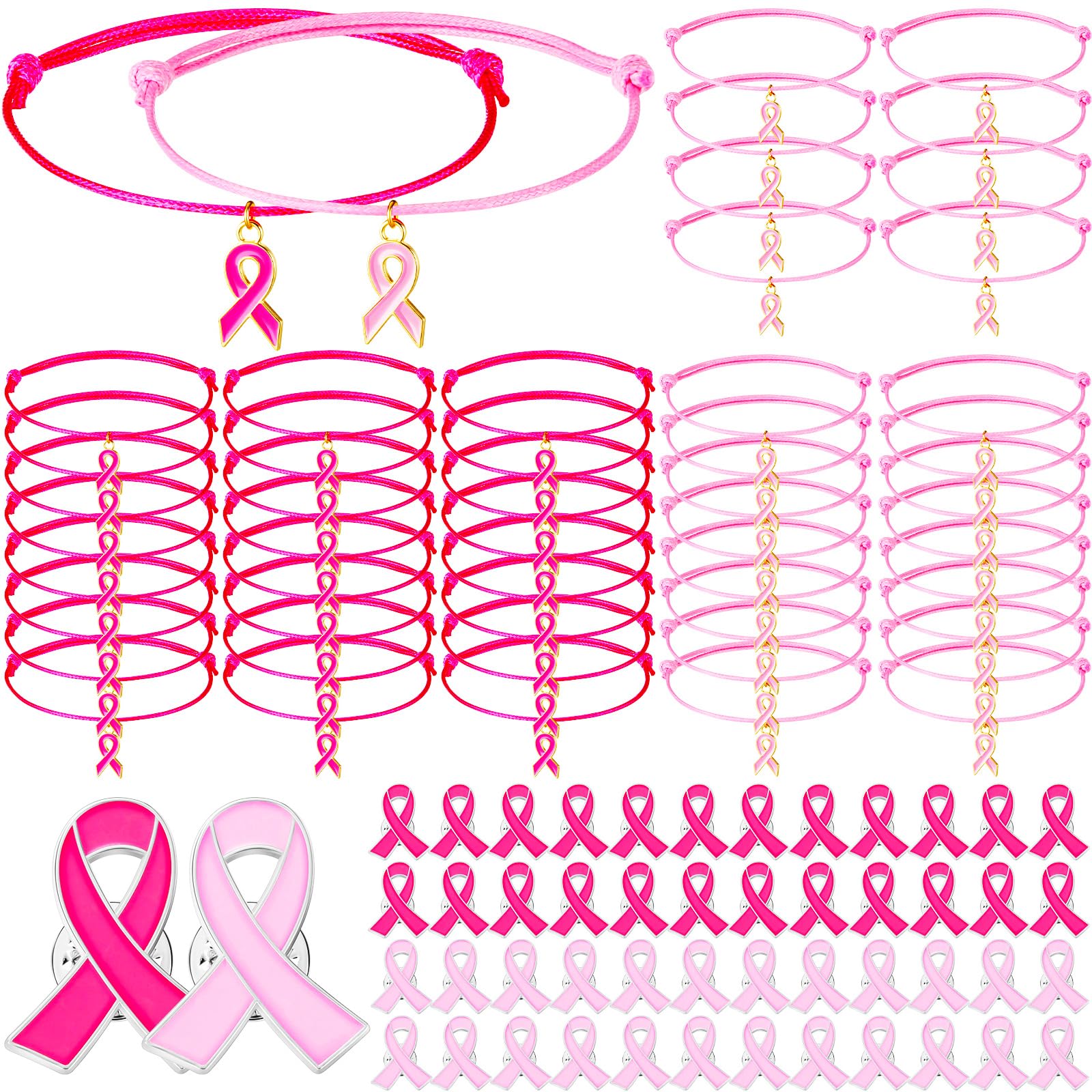 Huquary 100 spille per la sensibilizzazione sul cancro al seno, braccialetto intrecciato con nastro regolabile, spilla smaltata, accessori ispiratori, regalo per donne, combattente contro il cancro
