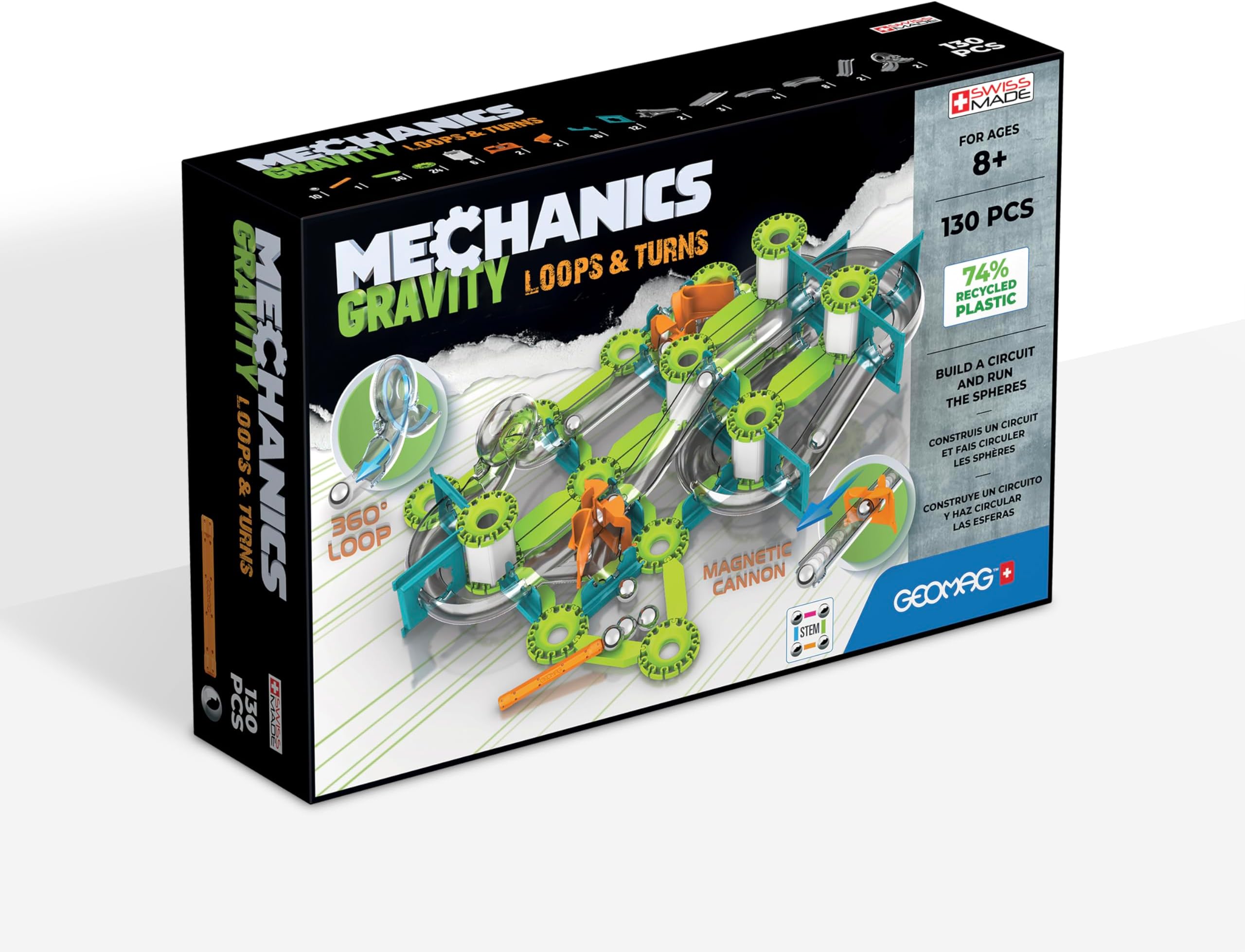 Geomag - Mechanics Gravity Loops & Turns - Educational and Creative Game for Children - Circuit with Magnetic Building Blocks, Recycled Plastic - Set of 130 Pieces, White, Green, Orange, Blue