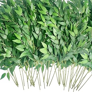HUAHUA 40pcs Artificial Italian Ruscus Greenery Stems -Faux Green Leaf G...
