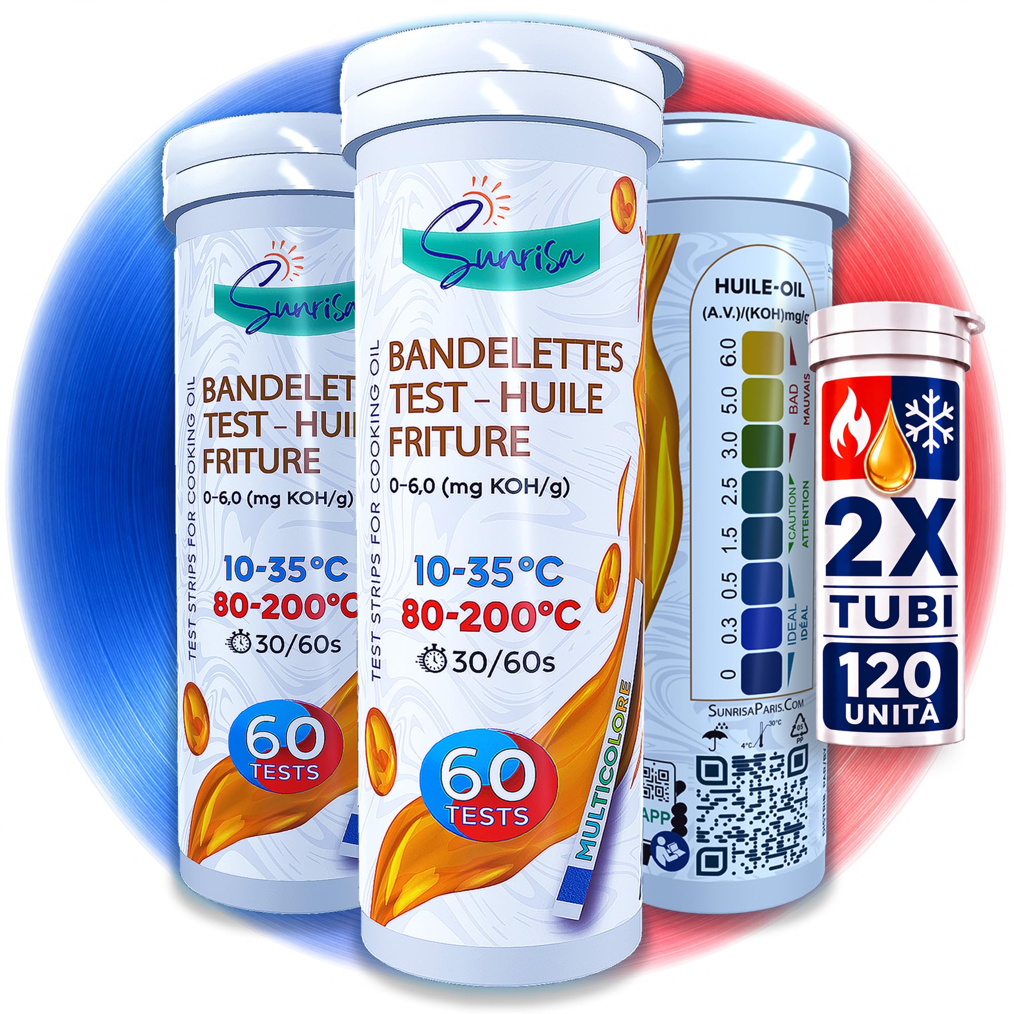 (CALDO|FREDDO) 120 Strisce Test Olio Friggitrice Pro - 2 Tubi - 30 Sec. - APP Mobile Monitoraggio HACCP - Misuratore Strisce Olio Frittura - Misurazione FFA KOH - Sito Industriale ISO 9001 & 13485