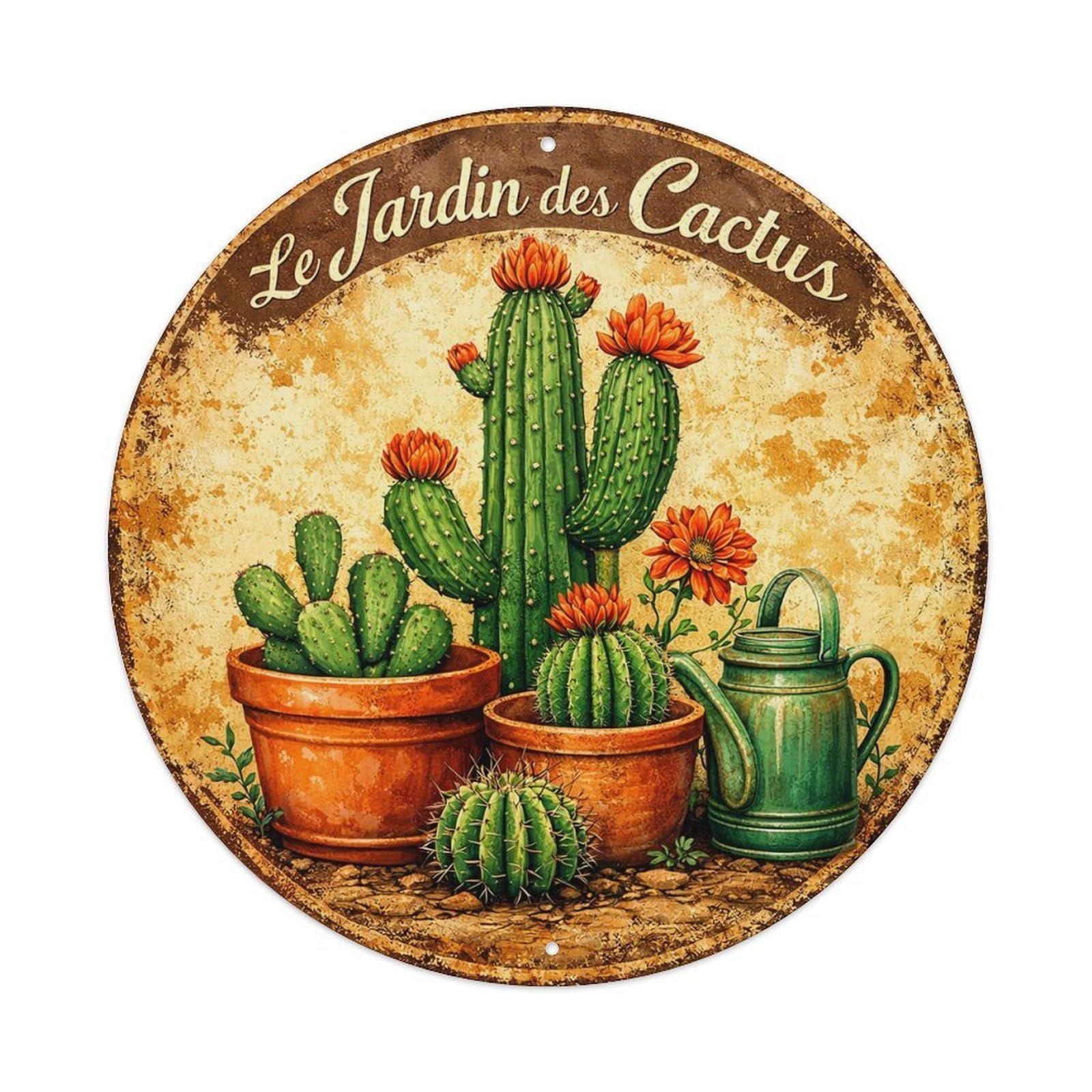 Cactus Garden Pot Watering Can Round Tin Sign Vintage Metal Sign Home Bar Garden Indoor & Outdoor Wall Decor Retro Metal Poster 8x8 Inch
