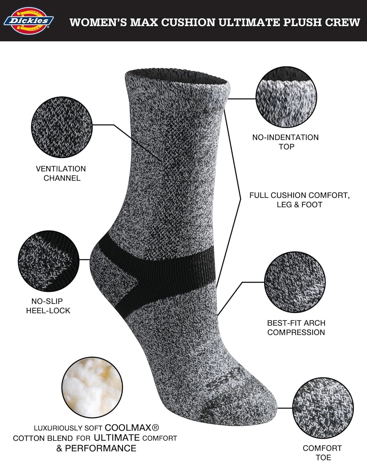 Dickies womens Max Cushion Non-binding Crew Socks, (5 Pairs) - Image 2