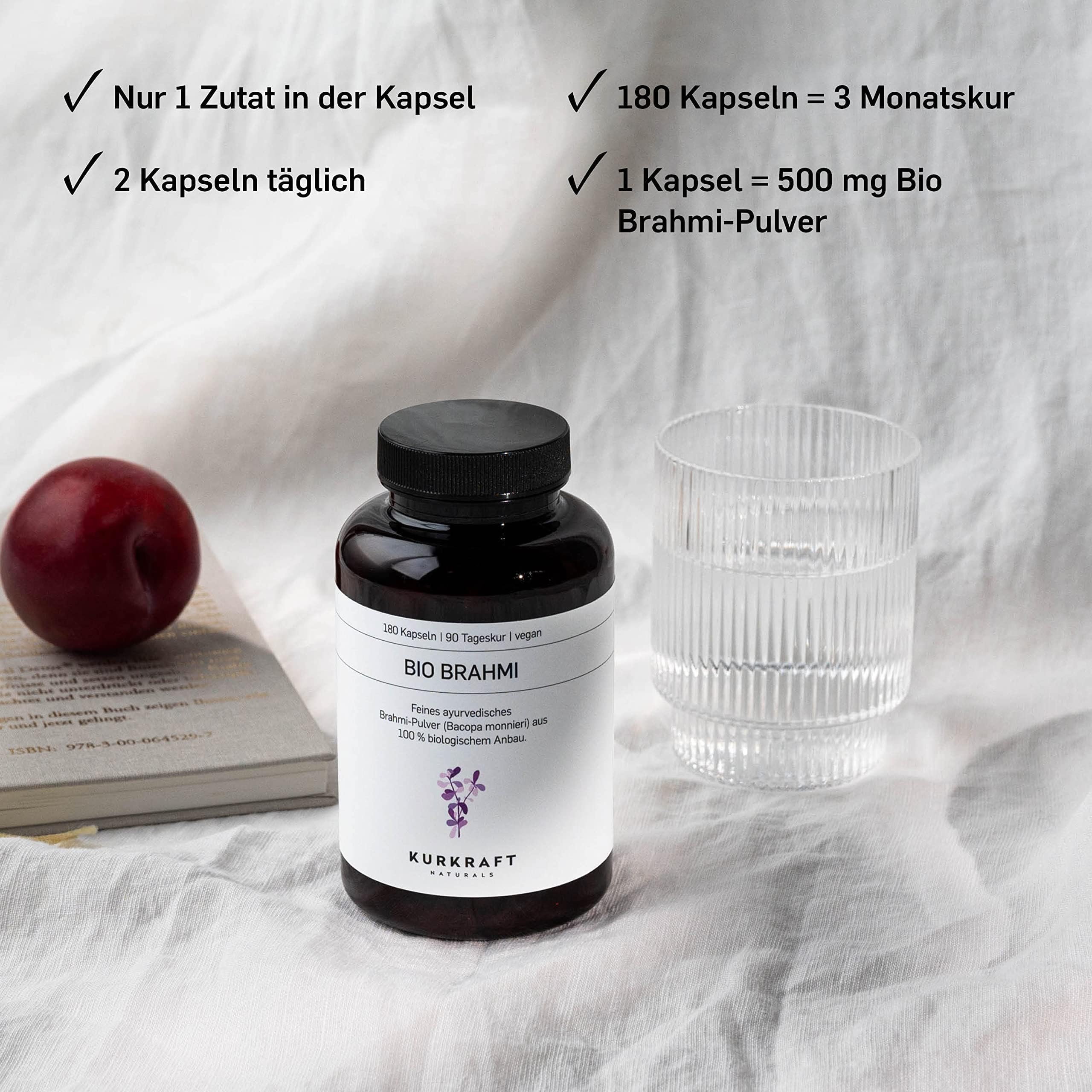 Bio Brahmi (180 Kapseln) - 500mg je Kapsel - ETO-getestet & laborgeprüft - Vegan - Ohne Zusatzstoffe - deutsche Produktion - Bacopa monnieri Pulver