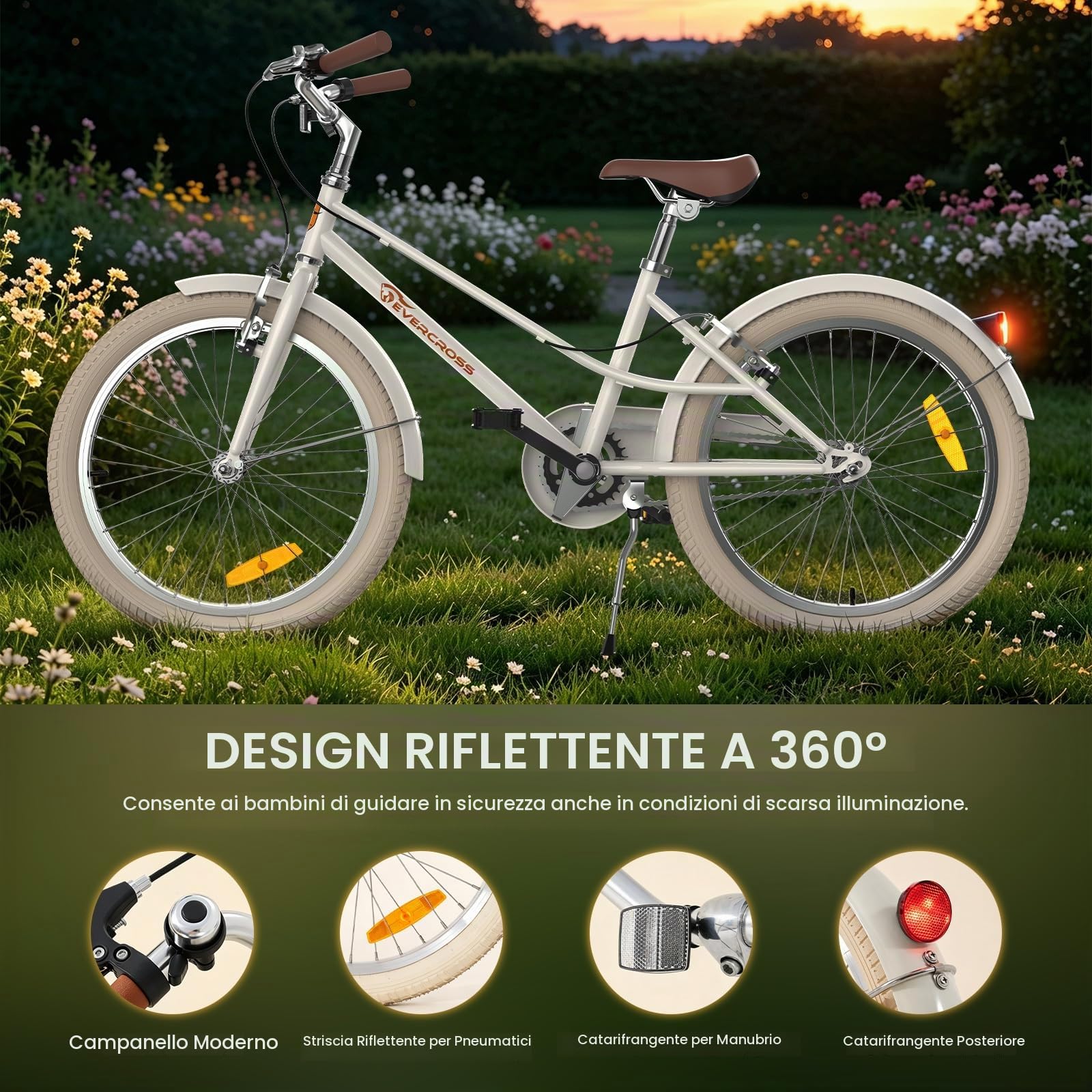 EVERCROSS EM2 20'' Bicicletta Retrò Bianco per bambini (altezza 115–150 cm) | Bici bambini con Campanello, Telaio in acciaio, Sella e Manubrio Regolabili, Freni V-brake, Paracatena, Pneumatico