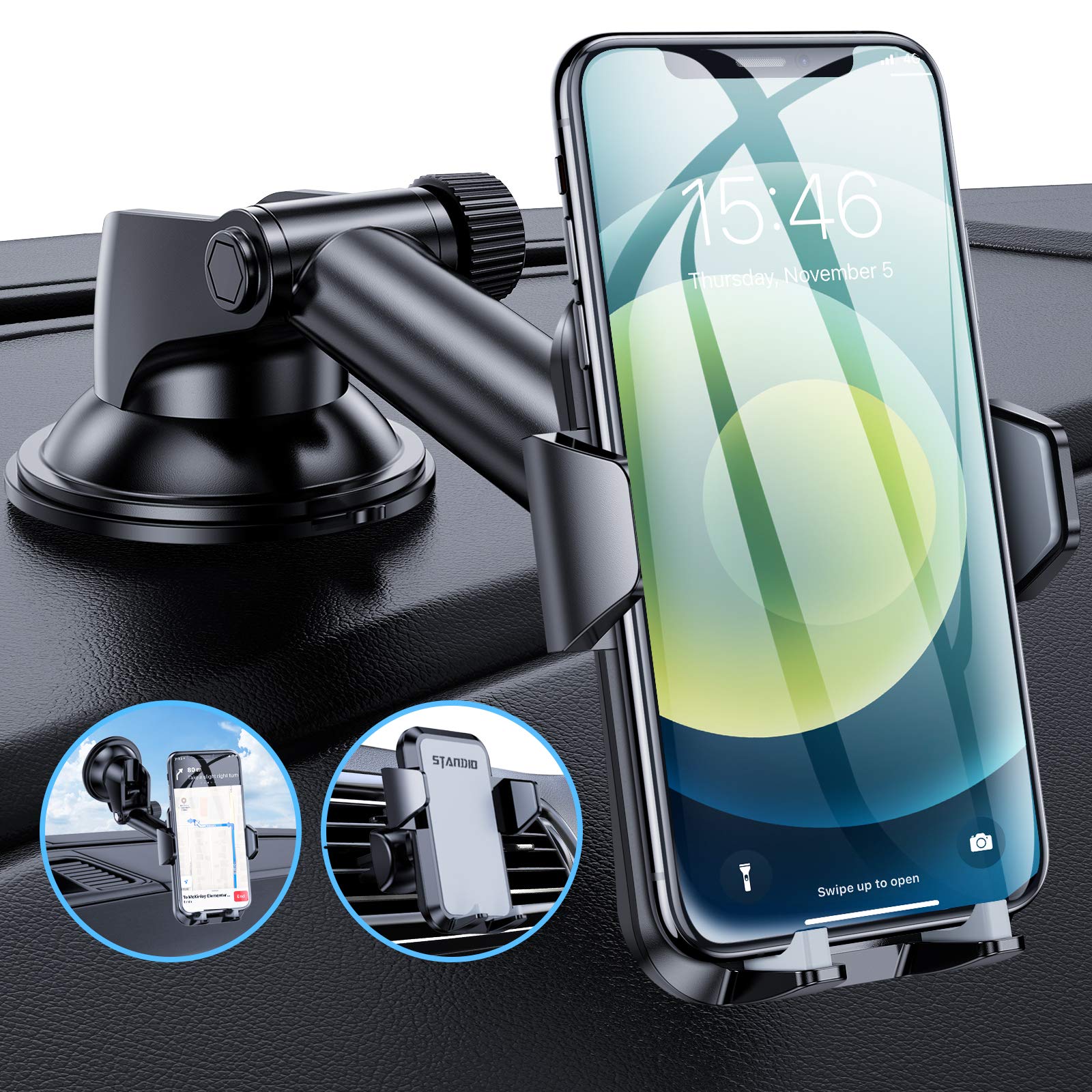 AWEHIRU Standio Car Phone Holder Mount Universal Phone Car Holder with Suction Pad and Air Vent Clip for