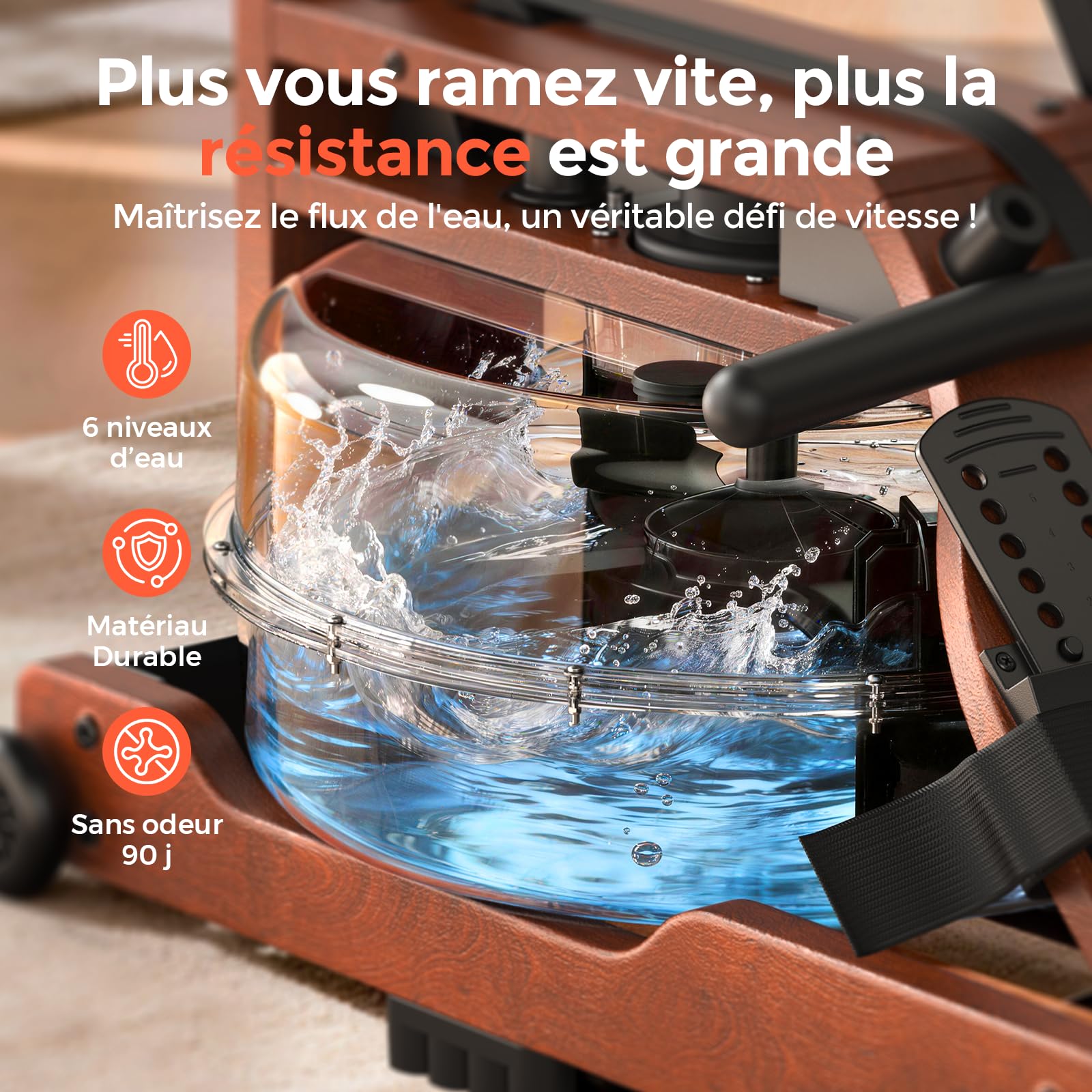 YOSUDA 2026 Nouveau Rameur Pliable Appartement, avec Grand réservoir 22L, APP/Bluetooth, Ultra-Silencieux, Support téléphone réglable, capacité Max. 190cm/182kg et pré-assemblé à 98%, Rameur a Eau
