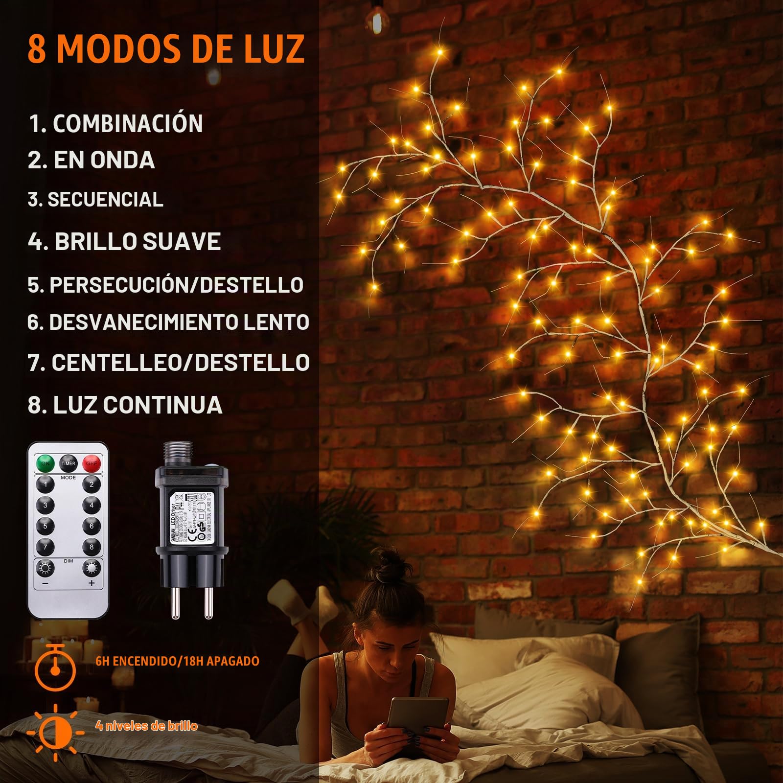 Guirnalda de Luces LED, 8 Modos Ramas de Abedul Cadena de Luces con Enchufe, 96 LEDs Modelado DIY para Decoración de Habitaciones, Dormitorios y Salones (96 Led (2 Unidades))