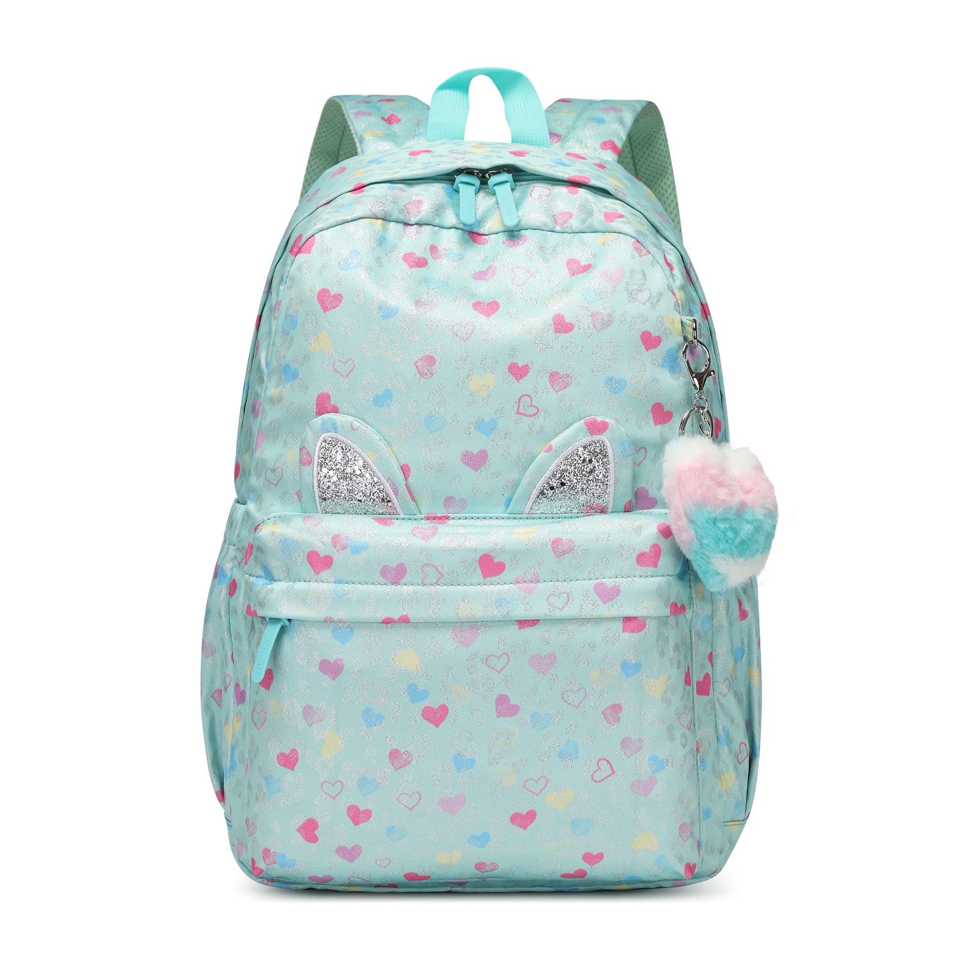 Reqinqin SUNEIGHT 30L Pink Green Peach Heart Backpack for 6-18 Years Girls Waterproof School Bookbag with Cat Ears & Peach Heart Keychain,Large