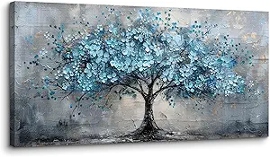 crmotu Tree of Life Large Wall Art for Living Room, Cherry Blossom Abstract Canvas Art Prints, Blue Flowers Tree Pictures Wall Decor, Nature Plant Modern Bedroom Bathroom Office Decor 24"X48"